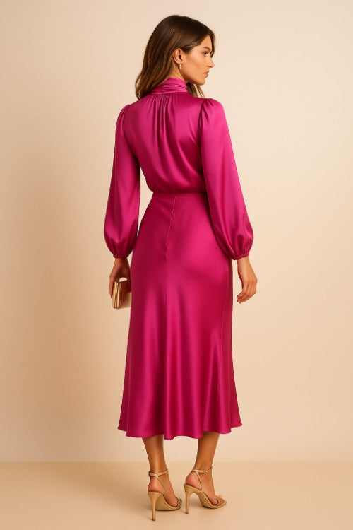High Neck Satin Midi Dress