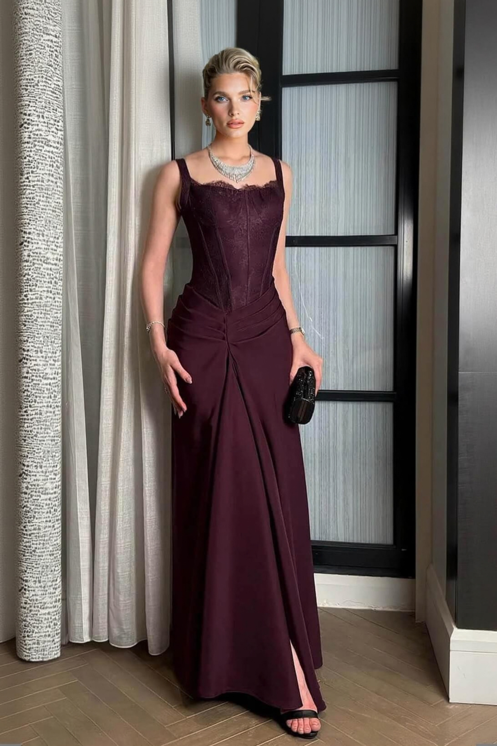 Lace Side Slit Evening Maxi Gown