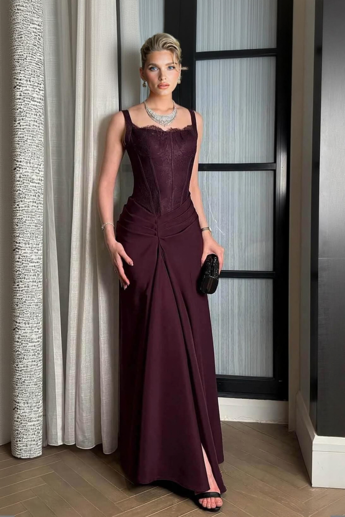 Lace Side Slit Evening Maxi Gown