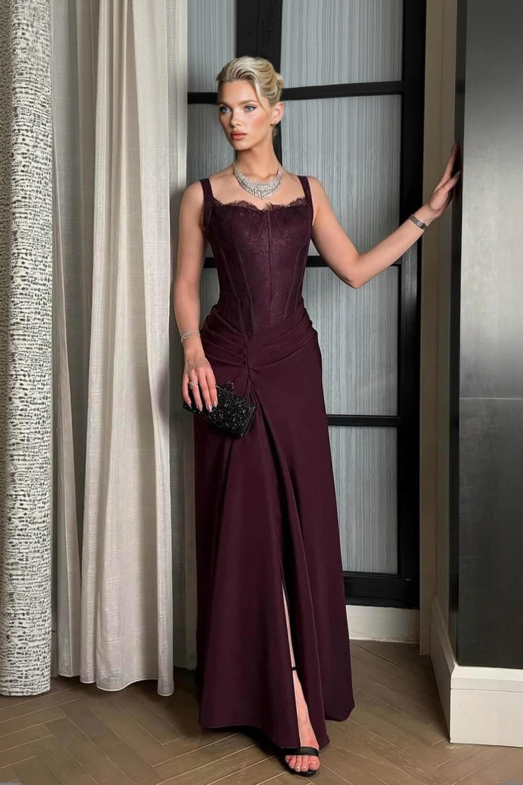 Lace Side Slit Evening Maxi Gown