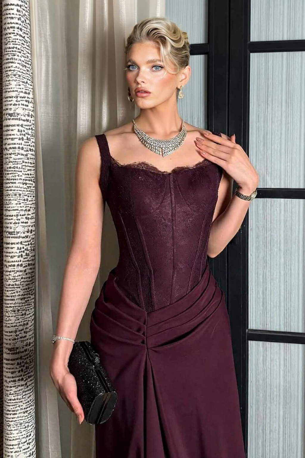 Lace Side Slit Evening Maxi Gown