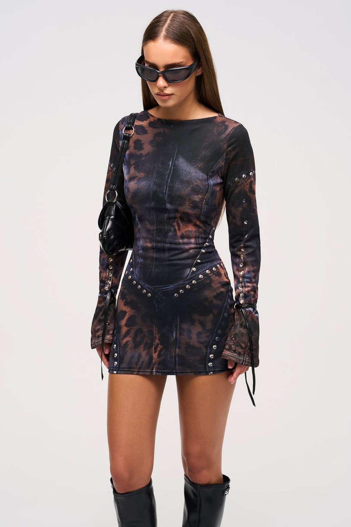 Leopard Print Mesh Tie Front Mini Dress
