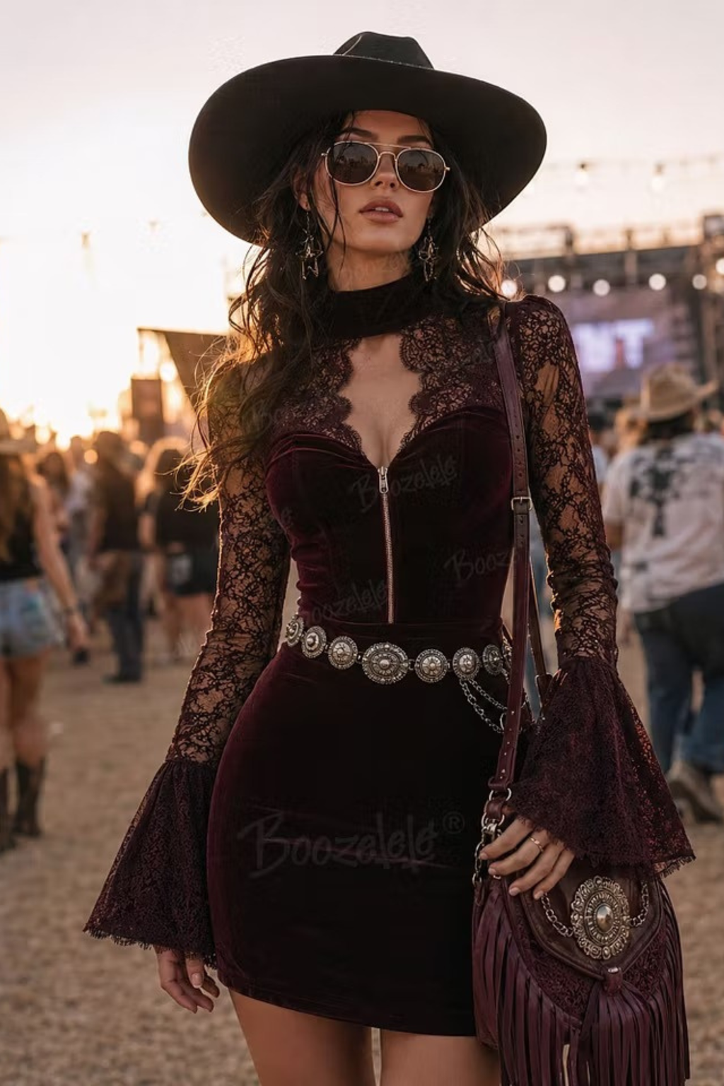 Maroon Velvet Lace Sleeve Mock Neck Mini Dress