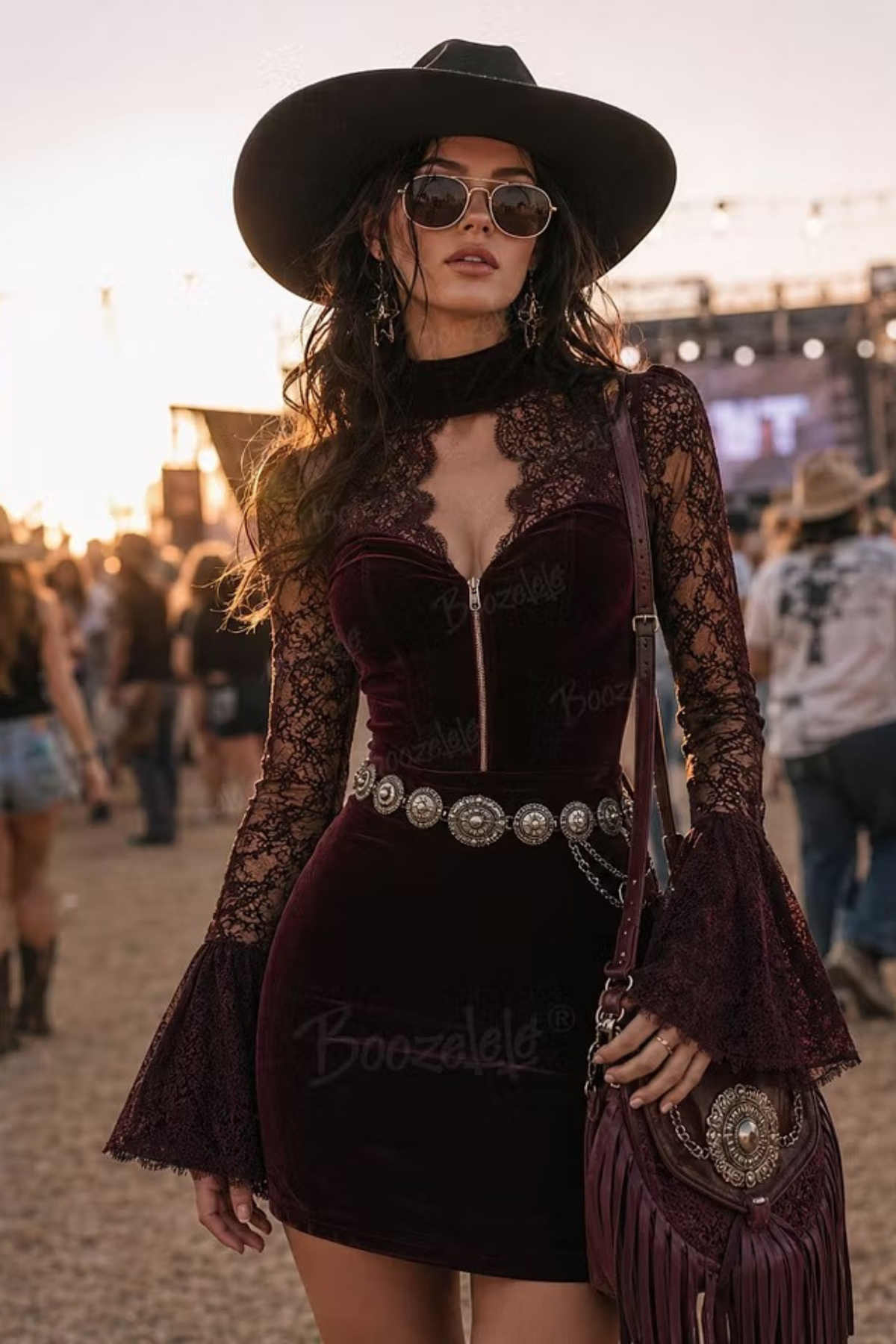 Maroon Velvet Lace Sleeve Mock Neck Mini Dress