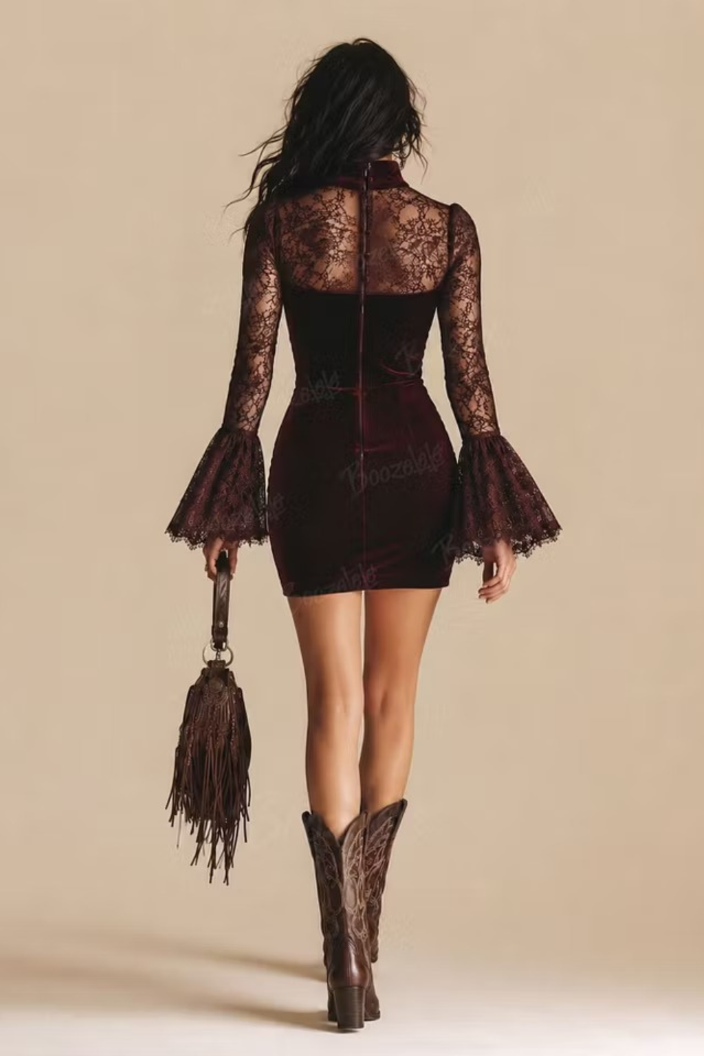 Maroon Velvet Lace Sleeve Mock Neck Mini Dress