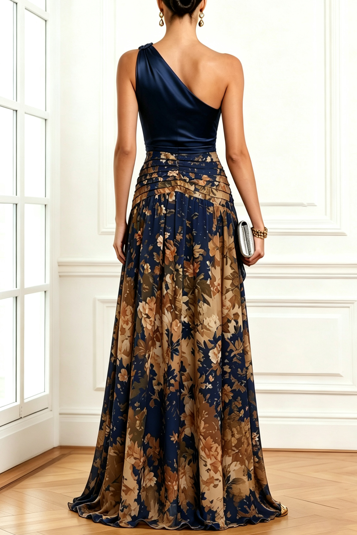 Elegant One-Shoulder Floral Maxi Dress with High Slit