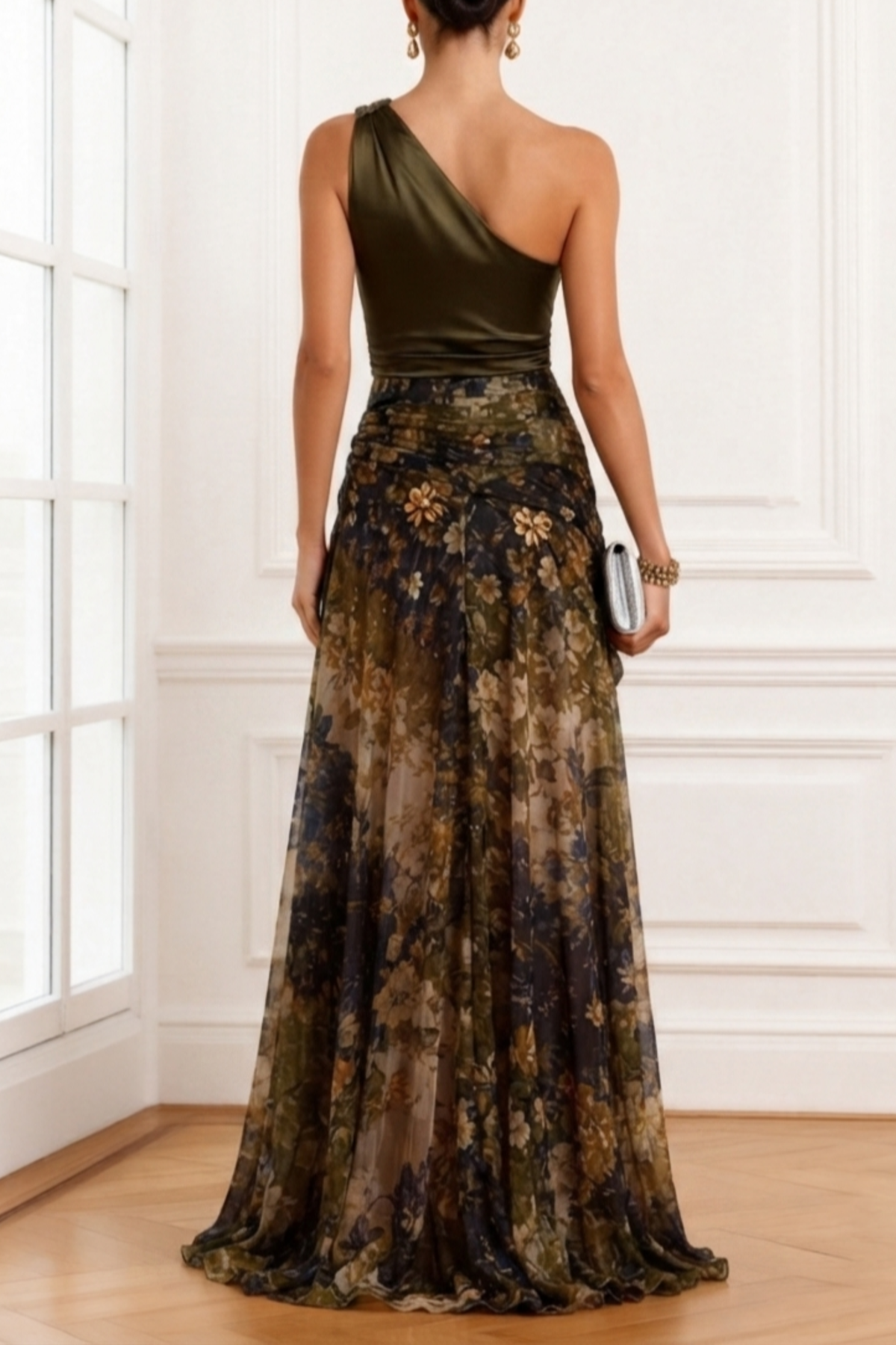 Elegant One-Shoulder Floral Maxi Dress with High Slit