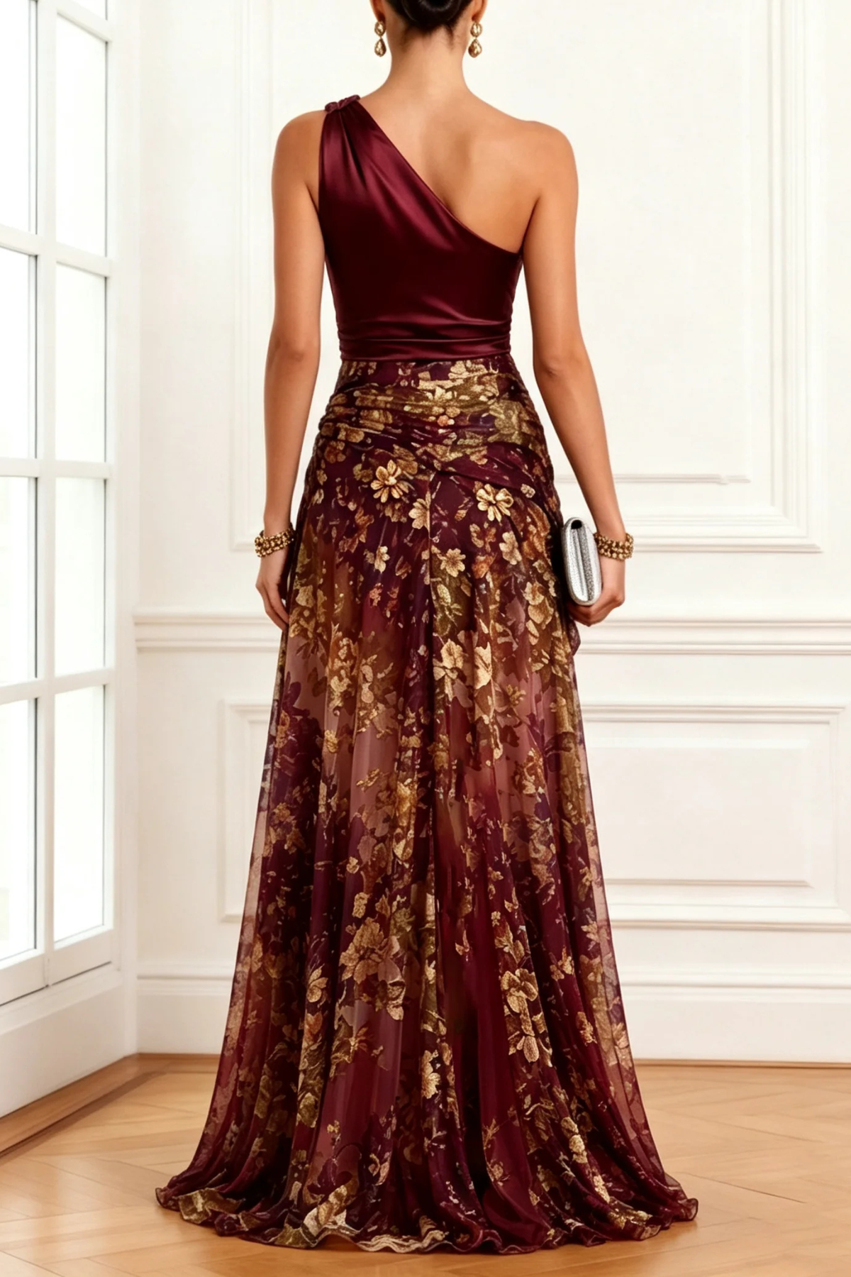 Elegant One-Shoulder Floral Maxi Dress with High Slit
