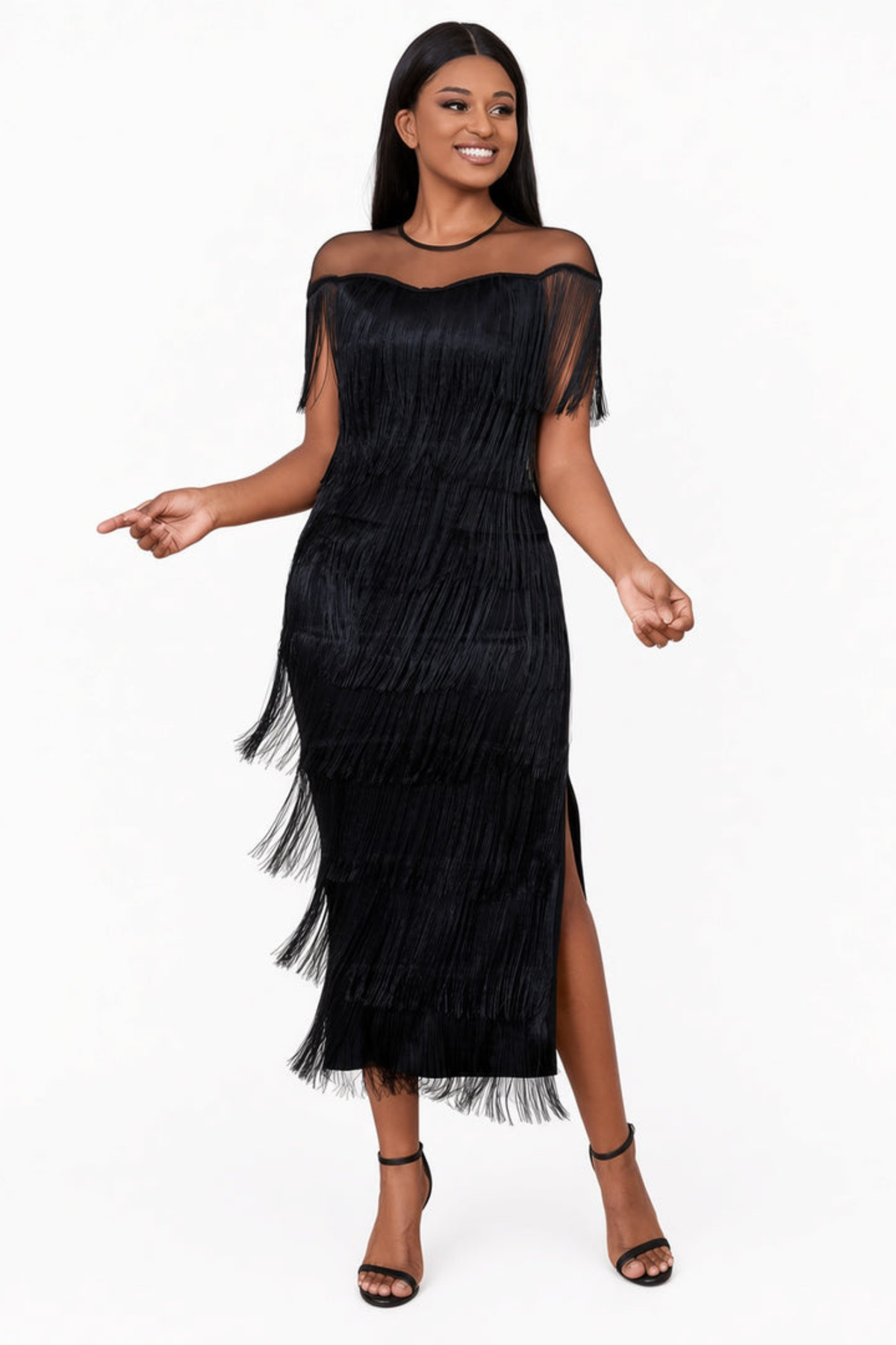 Mesh Shoulder Fringe Maxi Dress