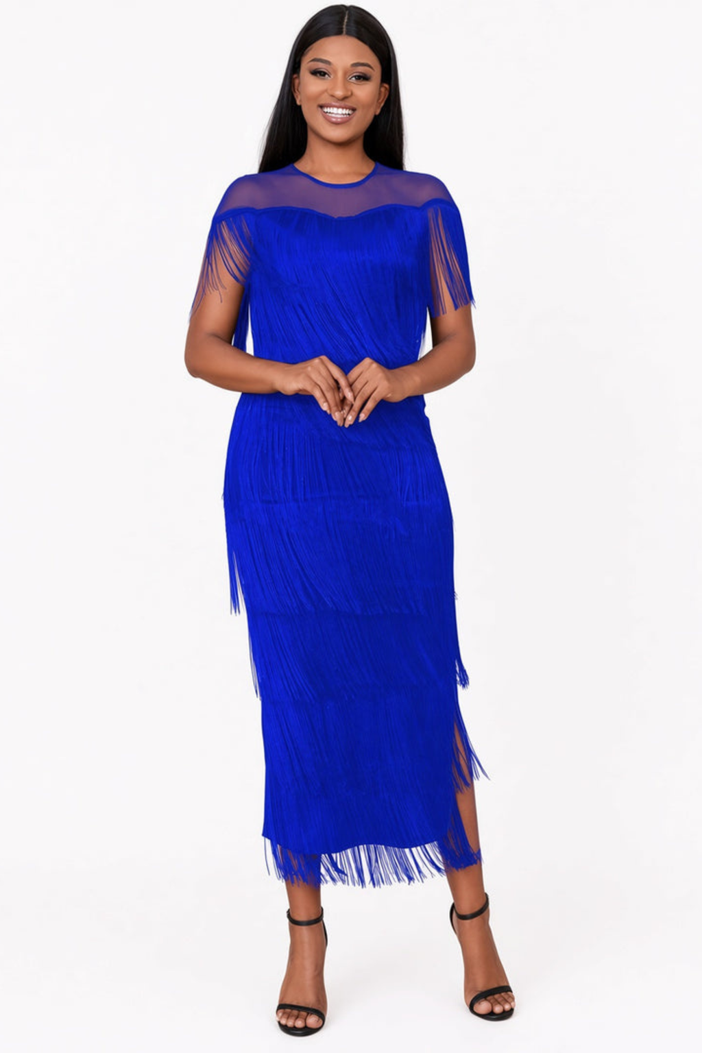 Mesh Shoulder Fringe Maxi Dress