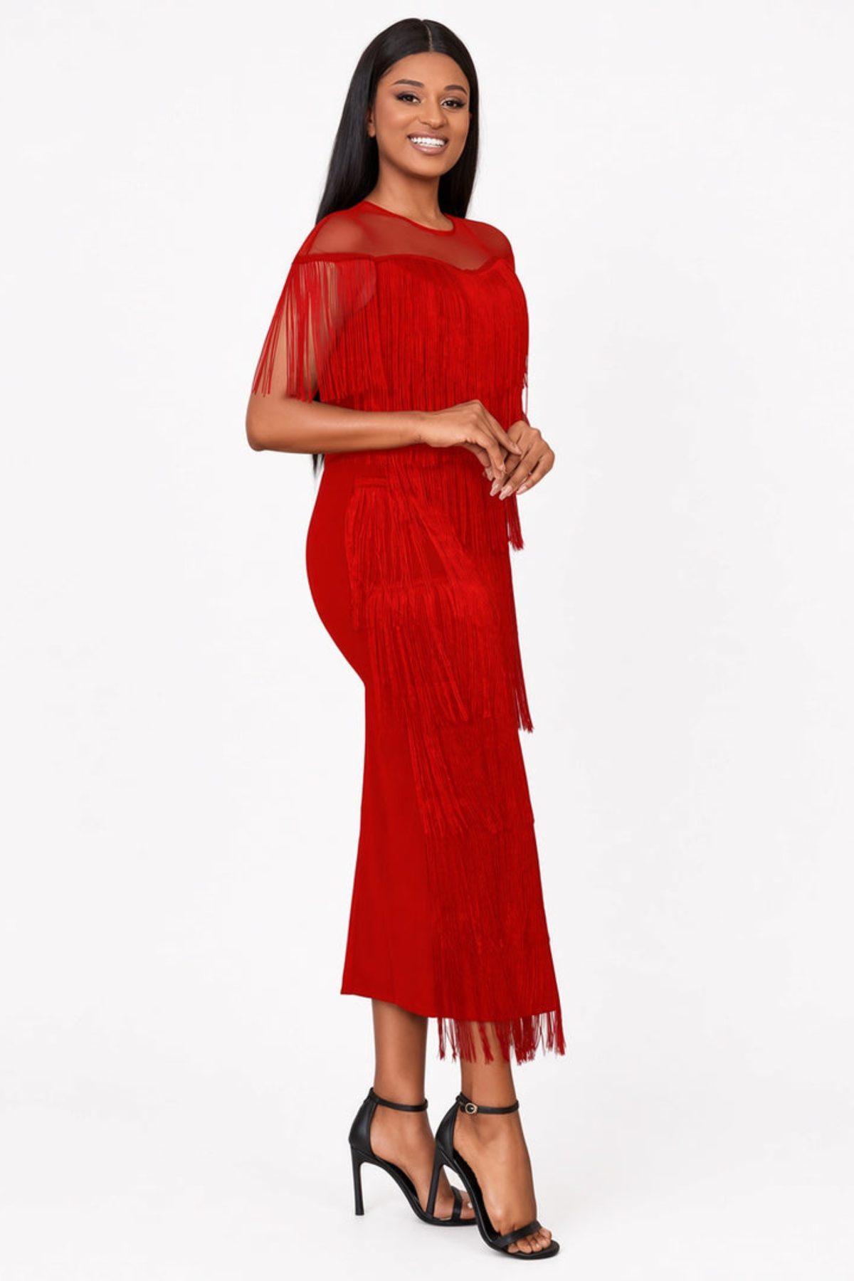 Mesh Shoulder Fringe Maxi Dress