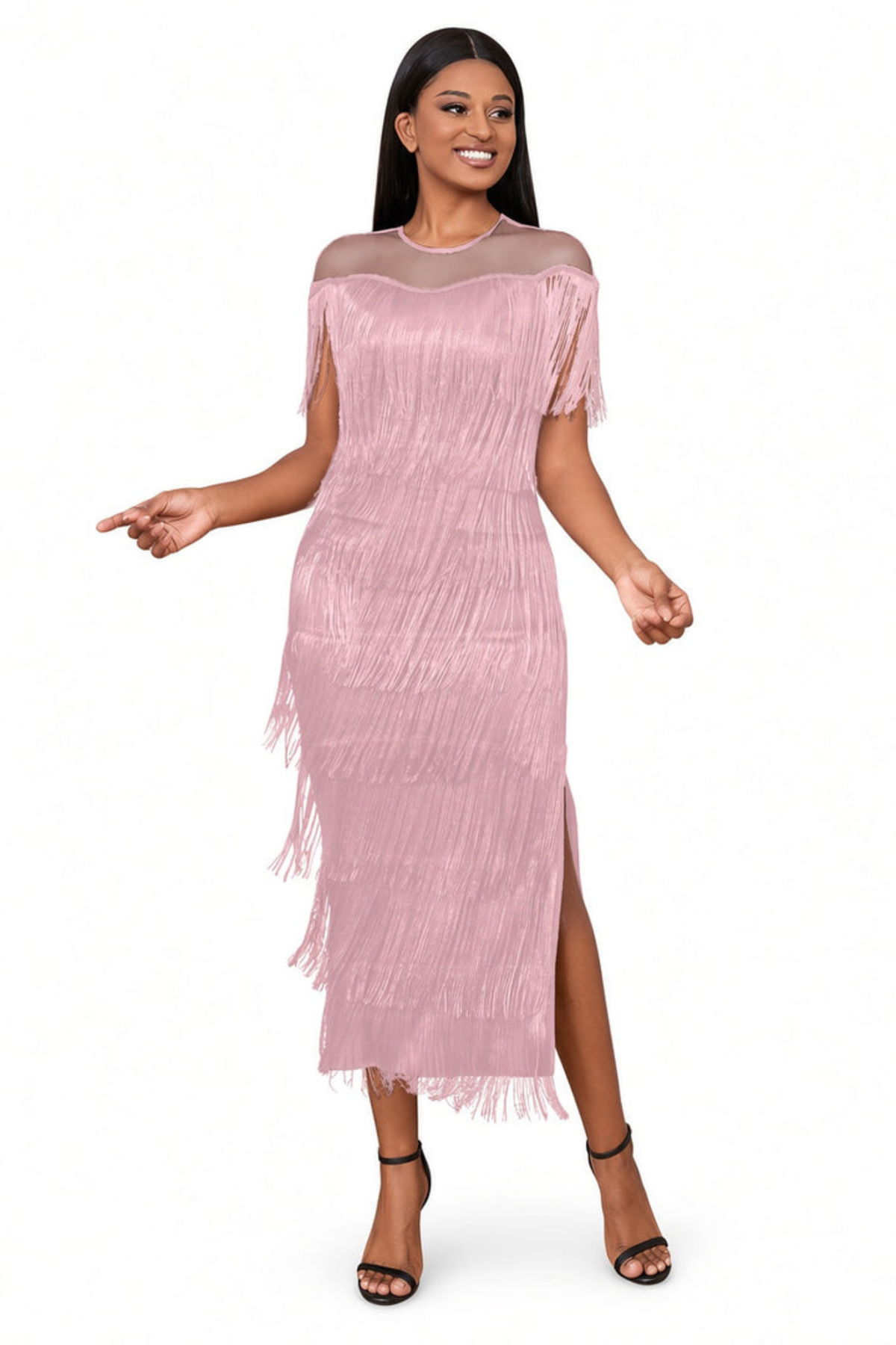 Mesh Shoulder Fringe Maxi Dress