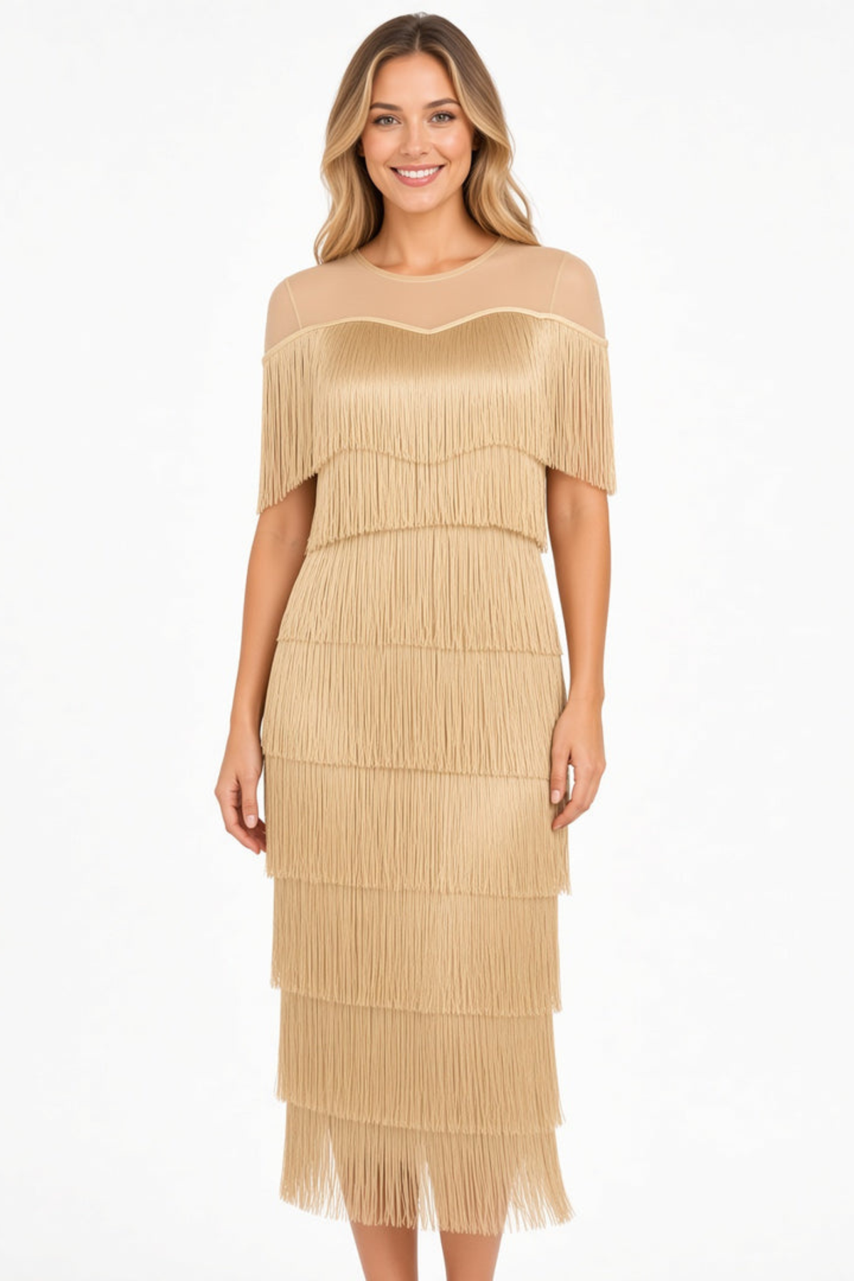 Mesh Shoulder Fringe Maxi Dress