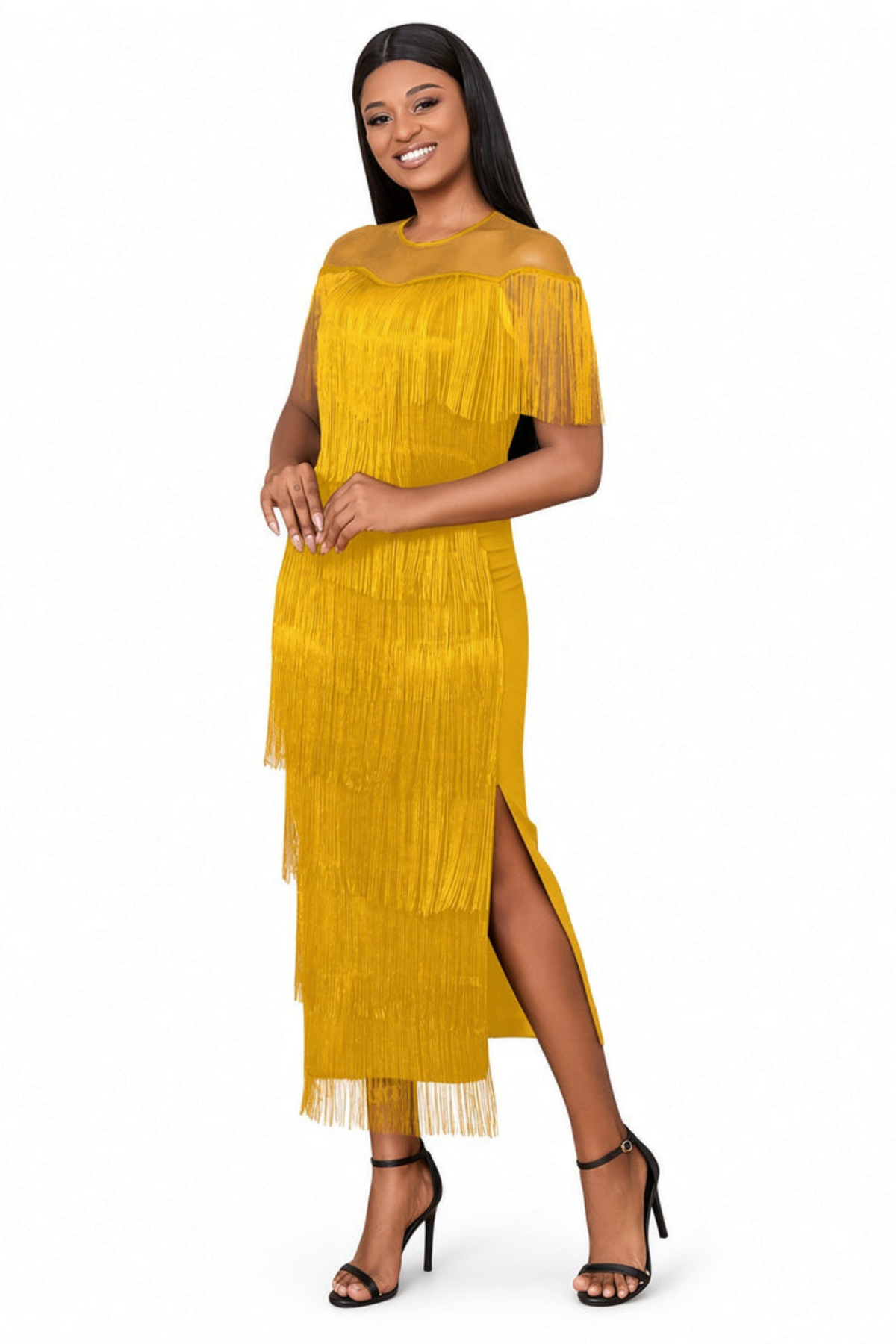 Mesh Shoulder Fringe Maxi Dress