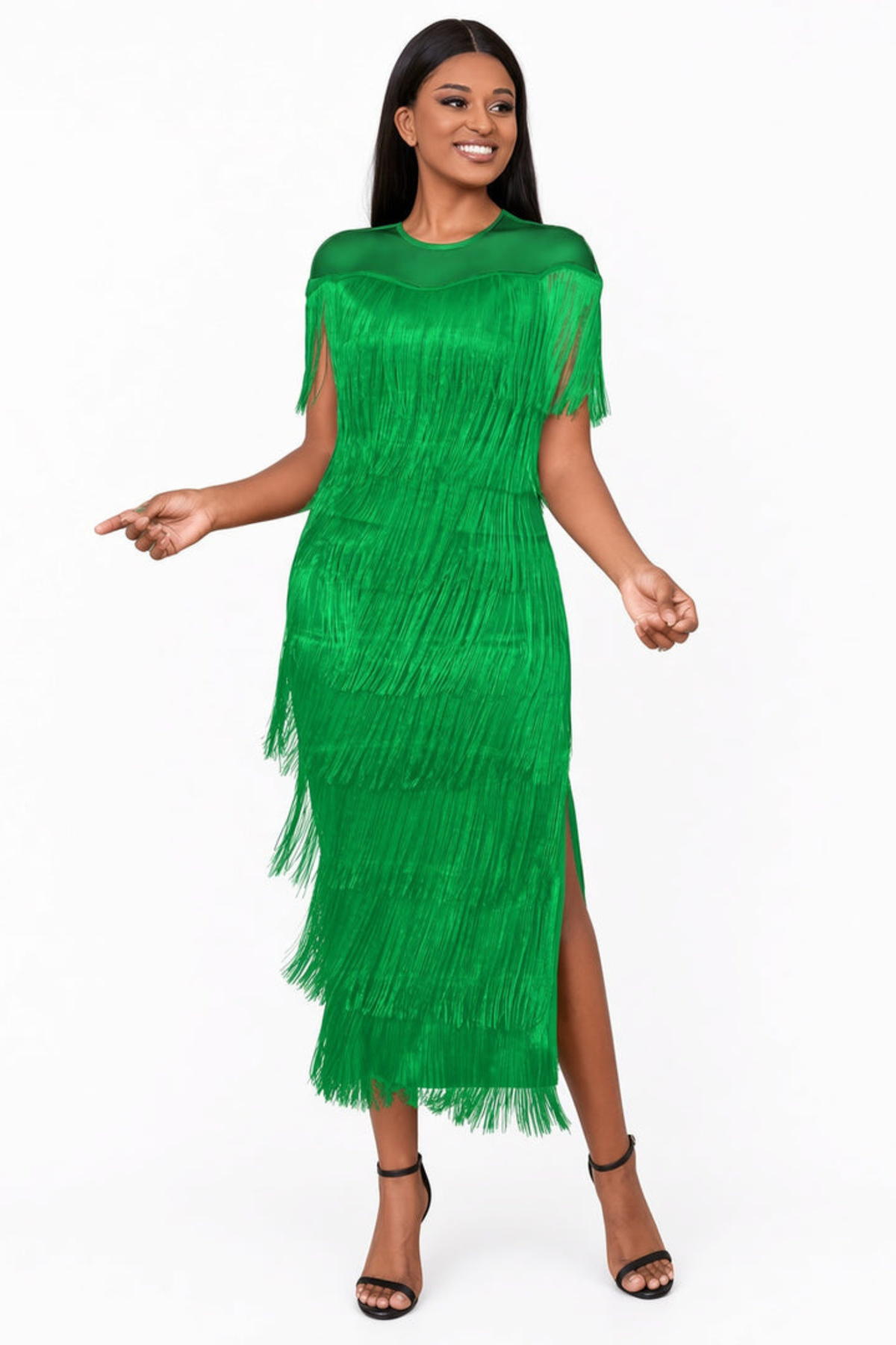 Mesh Shoulder Fringe Maxi Dress