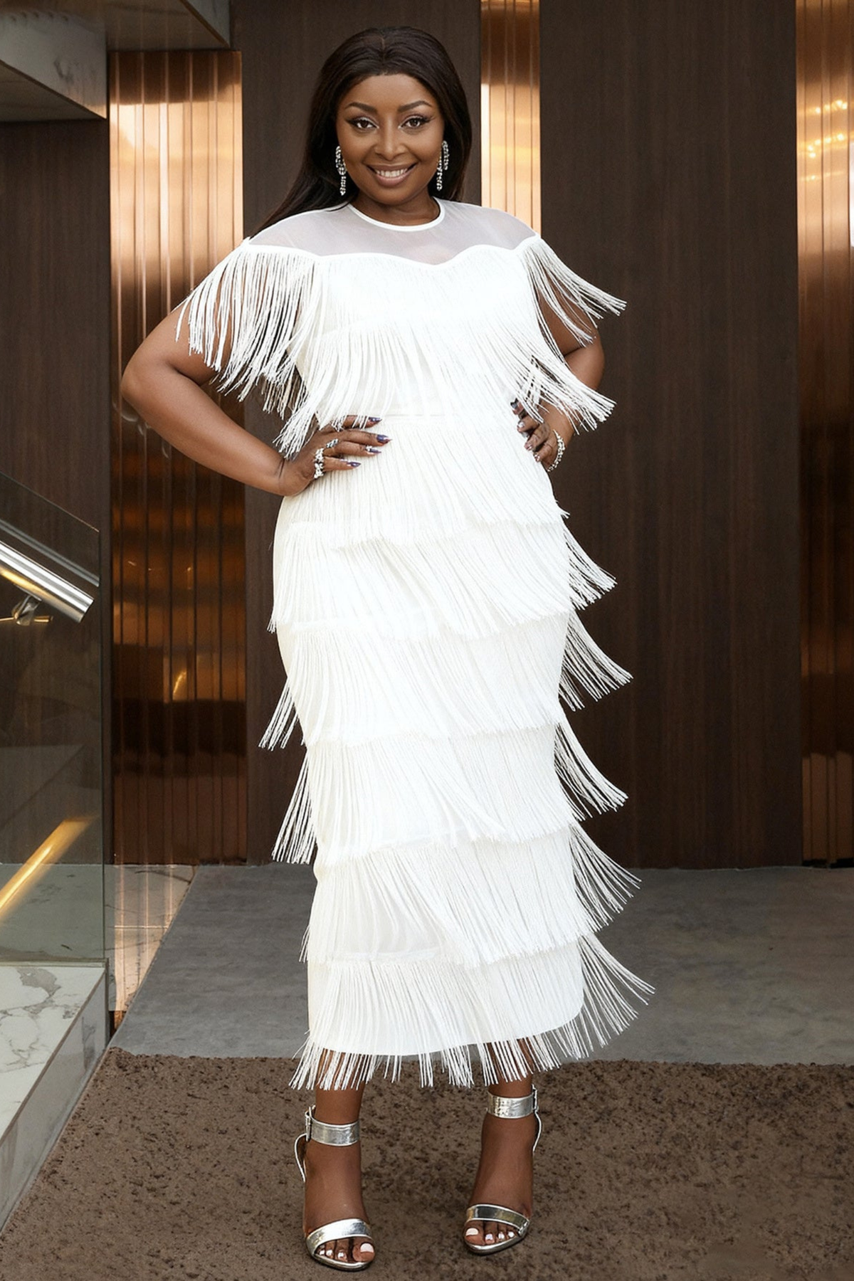 Mesh Shoulder Fringe Maxi Dress