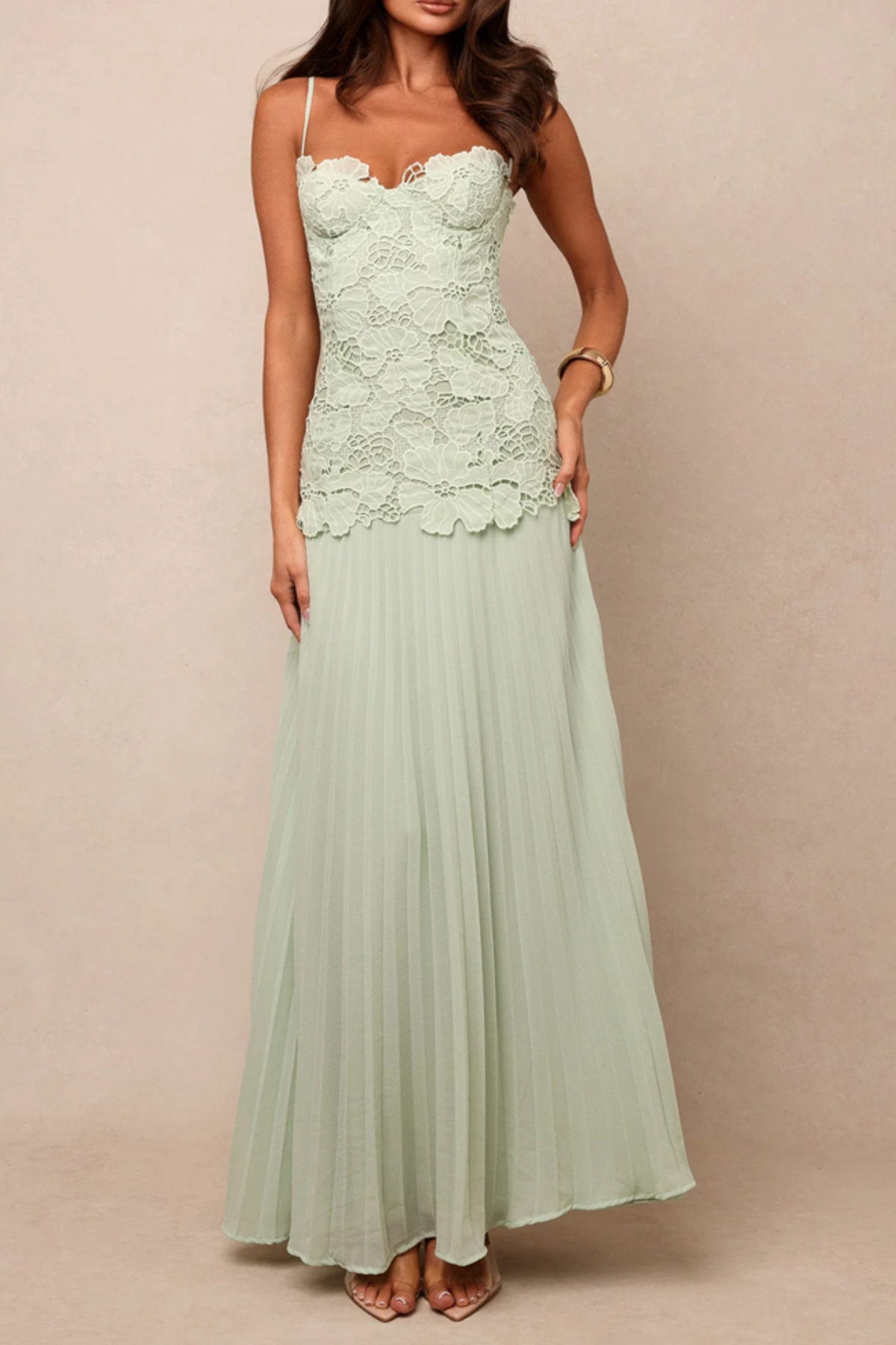Mint Green Lace Bodice Pleated Maxi Dress