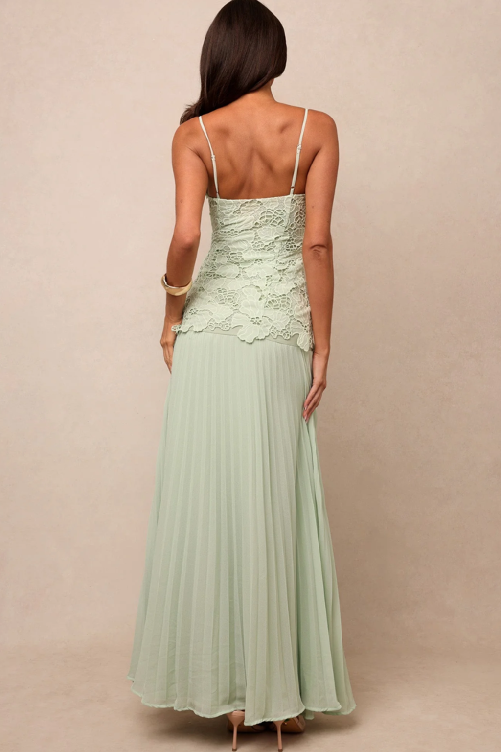 Mint Green Lace Bodice Pleated Maxi Dress