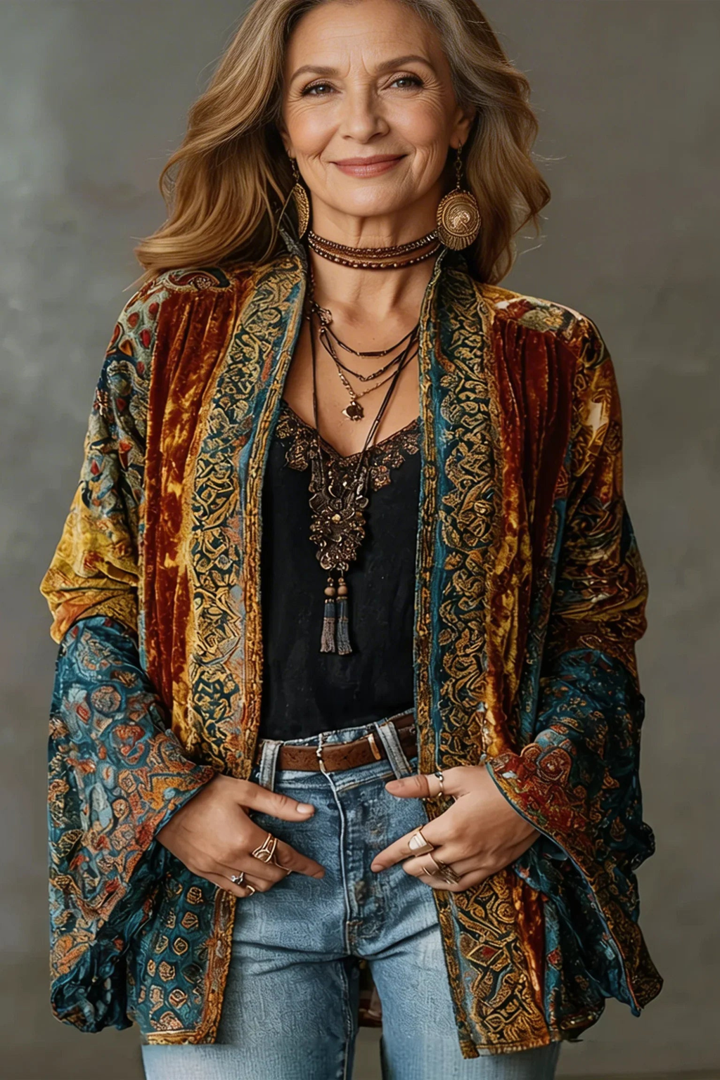 Mosaic Pattern Open Front Jacket