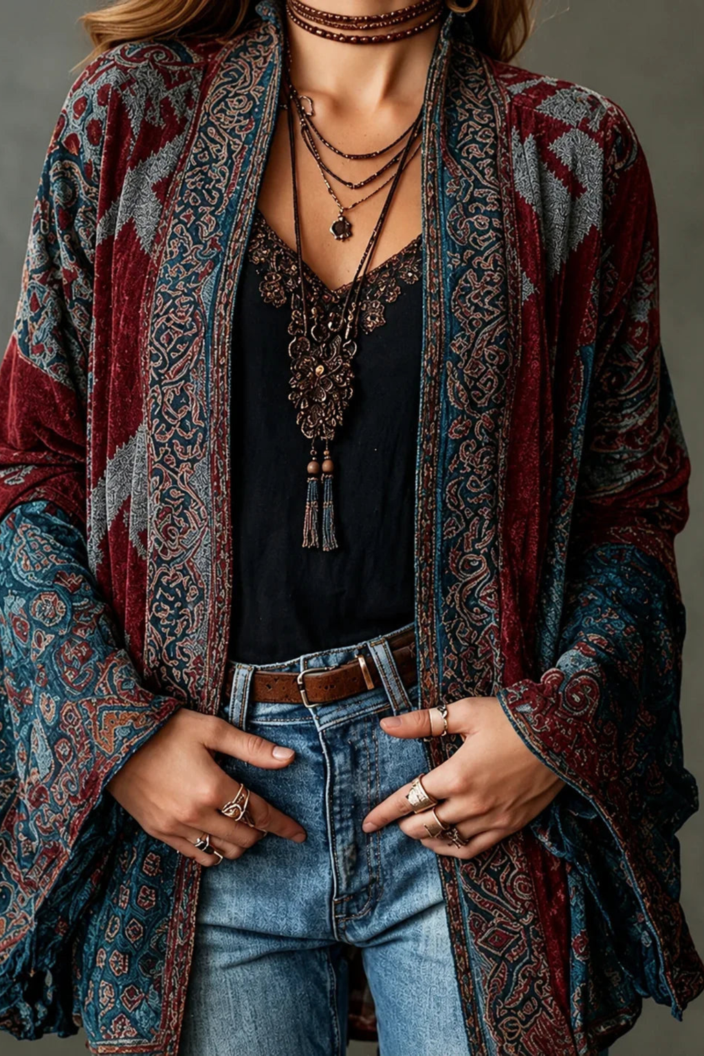 Mosaic Pattern Open Front Jacket