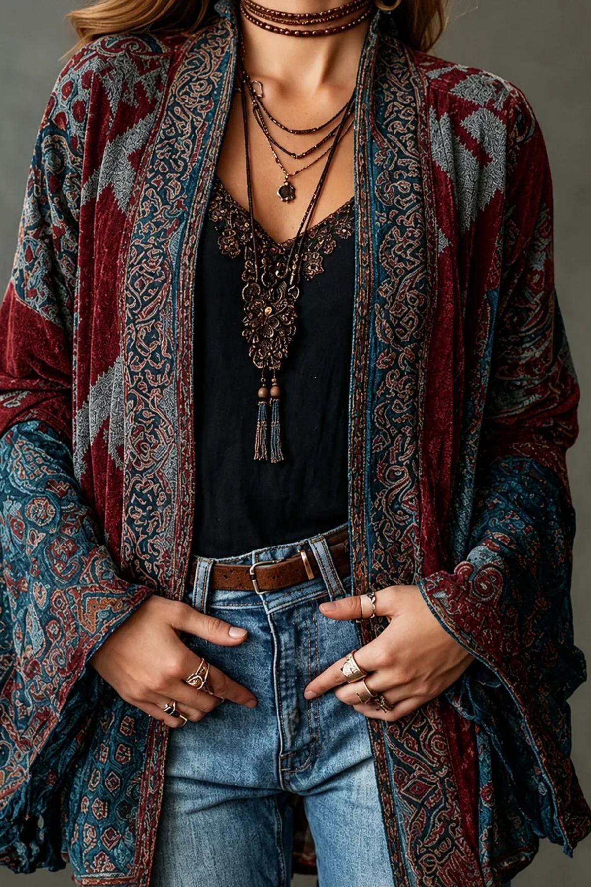 Mosaic Pattern Open Front Jacket
