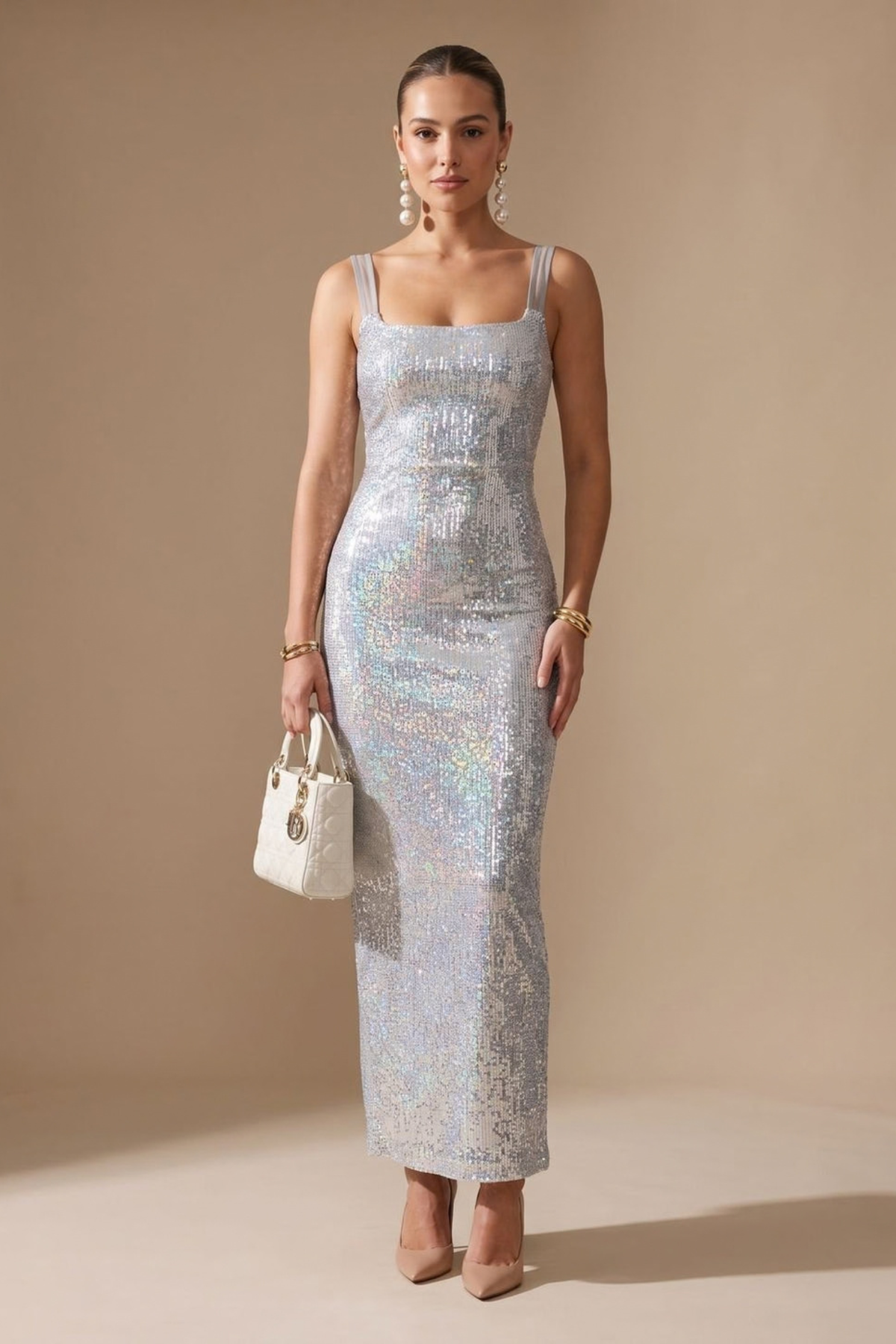 Silver Square Neck Sequin Maxi Dress