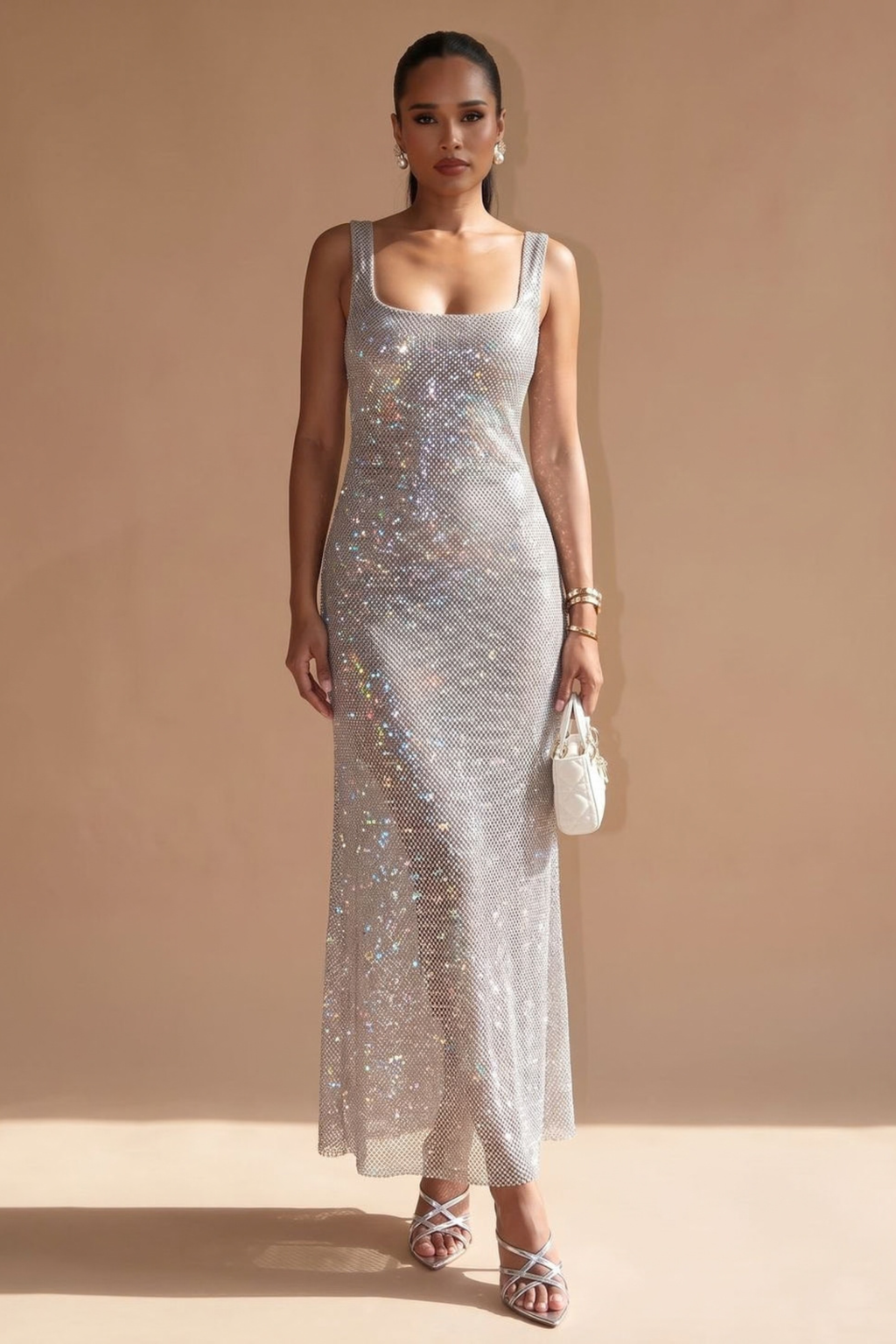 Silver Square Neck Sequin Maxi Dress