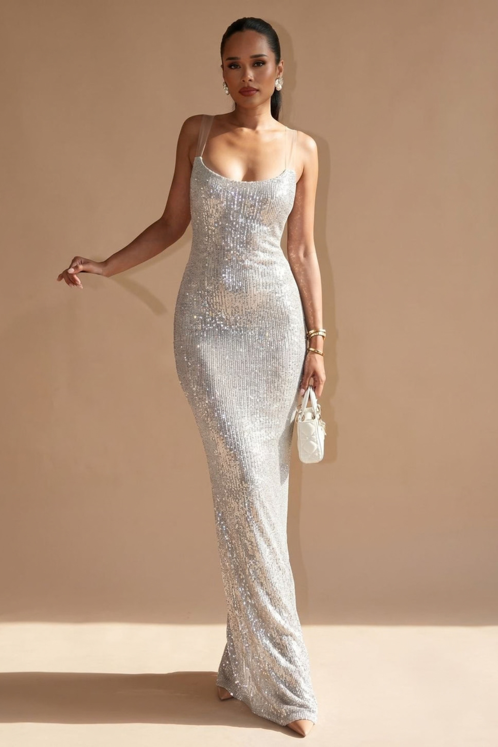 Silver Square Neck Sequin Maxi Dress