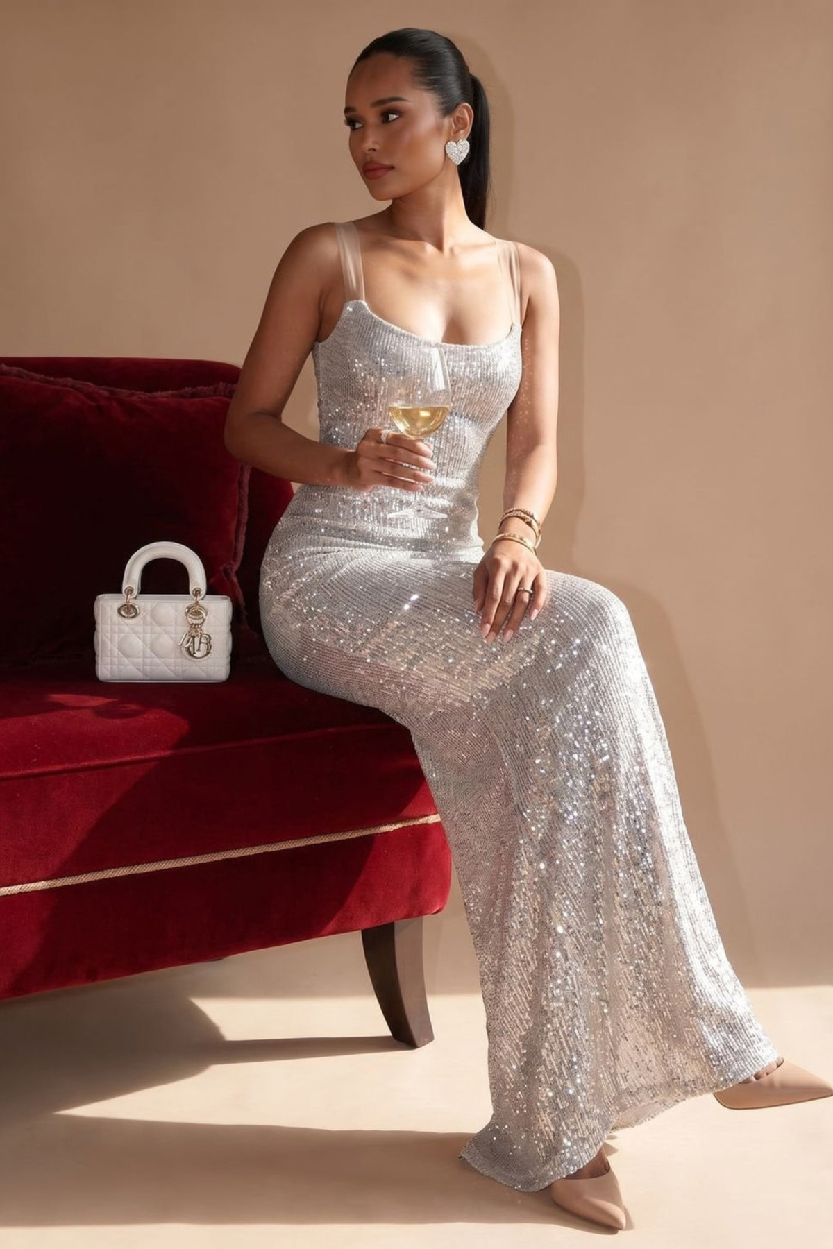 Silver Square Neck Sequin Maxi Dress