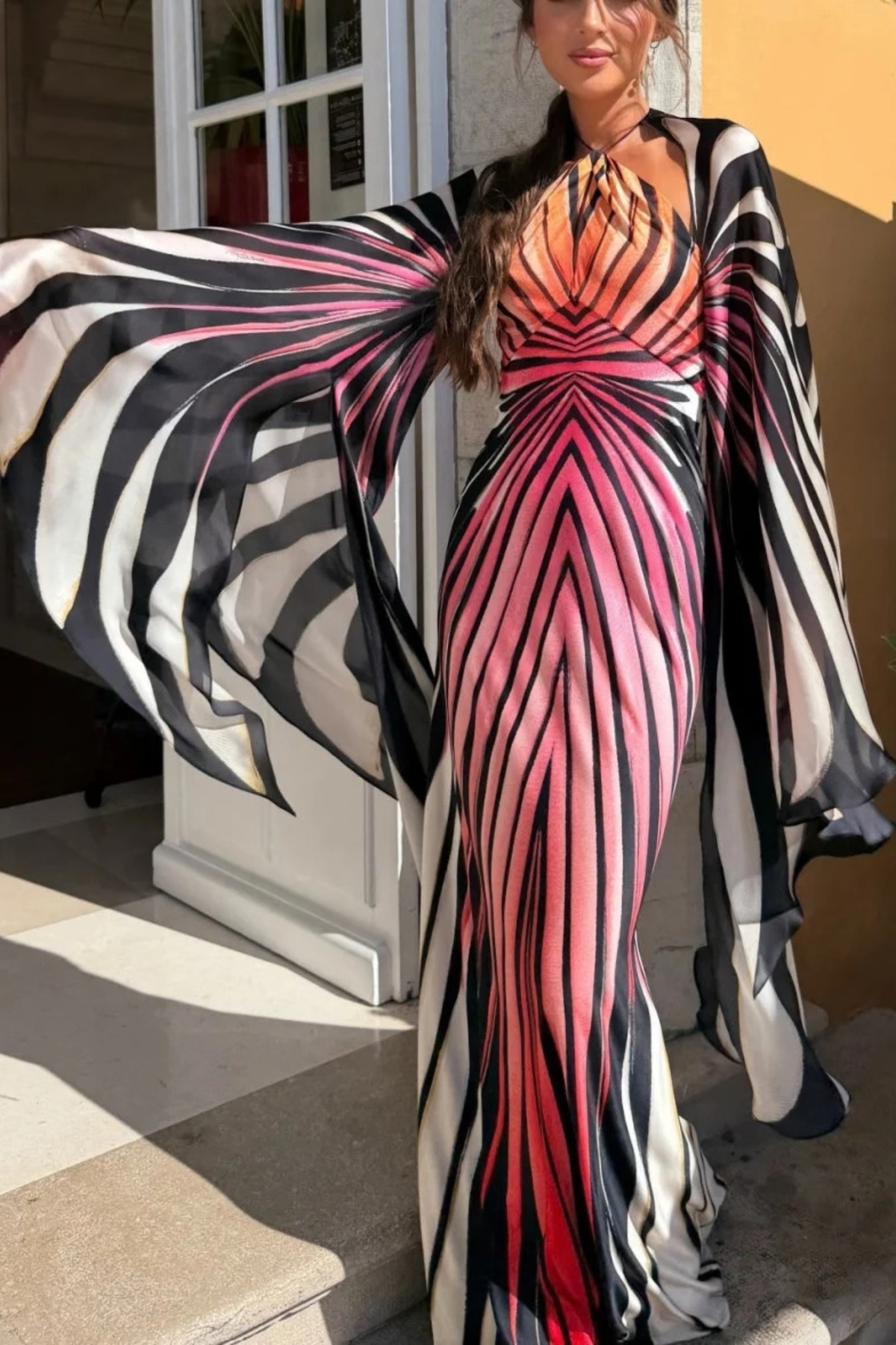 Ombre Butterfly Print Halter Maxi Dress