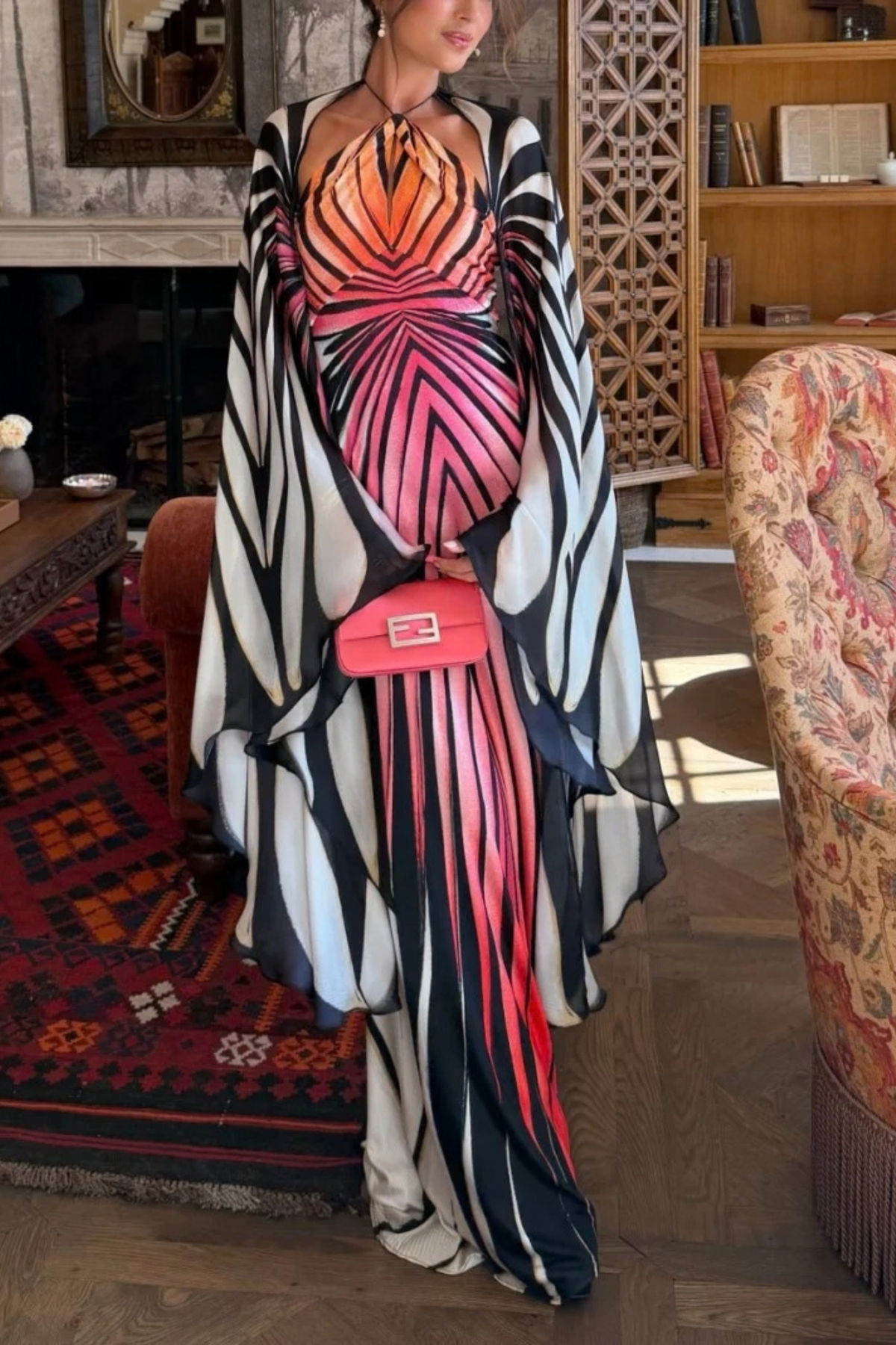Ombre Butterfly Print Halter Maxi Dress