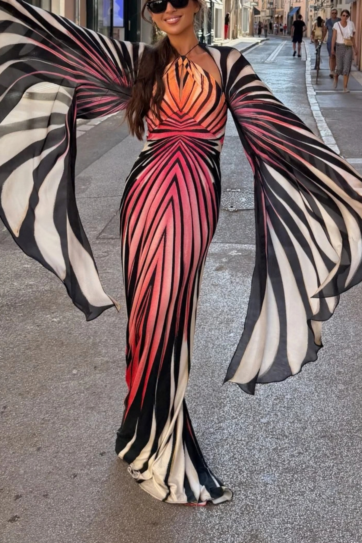 Ombre Butterfly Print Halter Maxi Dress