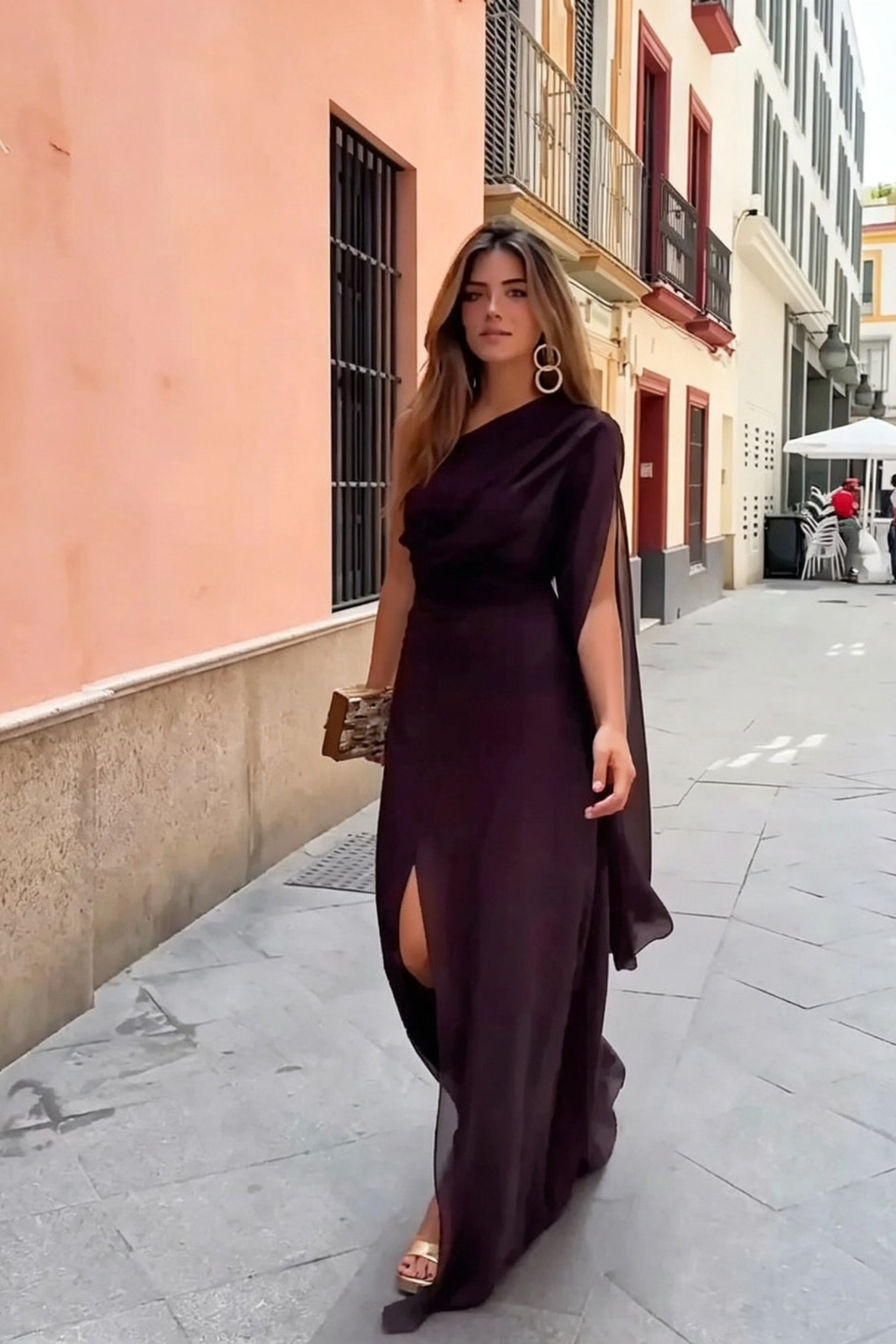 One Shoulder Cape Sleeve Brown Maxi Dress