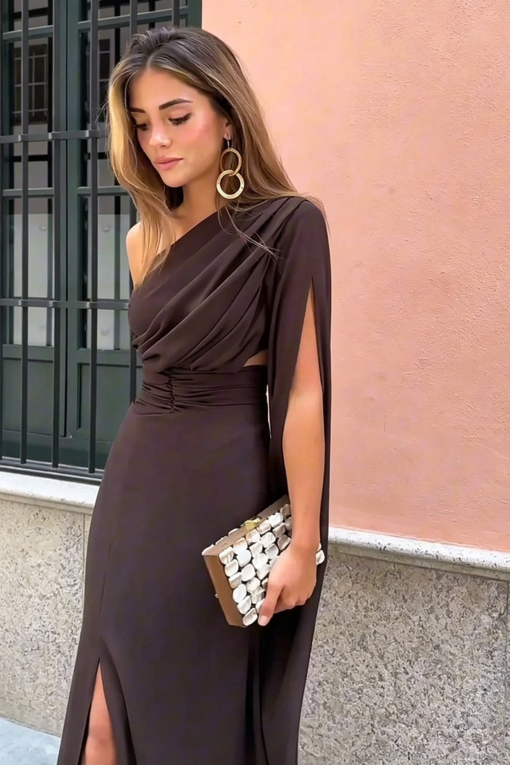 One Shoulder Cape Sleeve Brown Maxi Dress