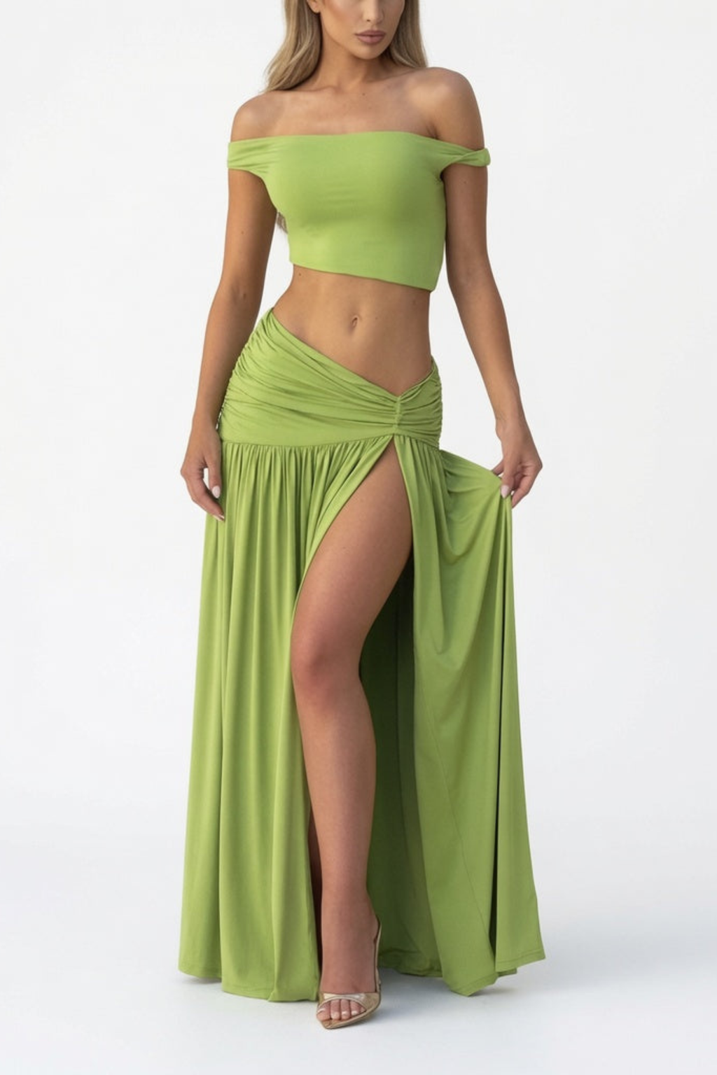 One Shoulder Ruched Maxi Skirt Set