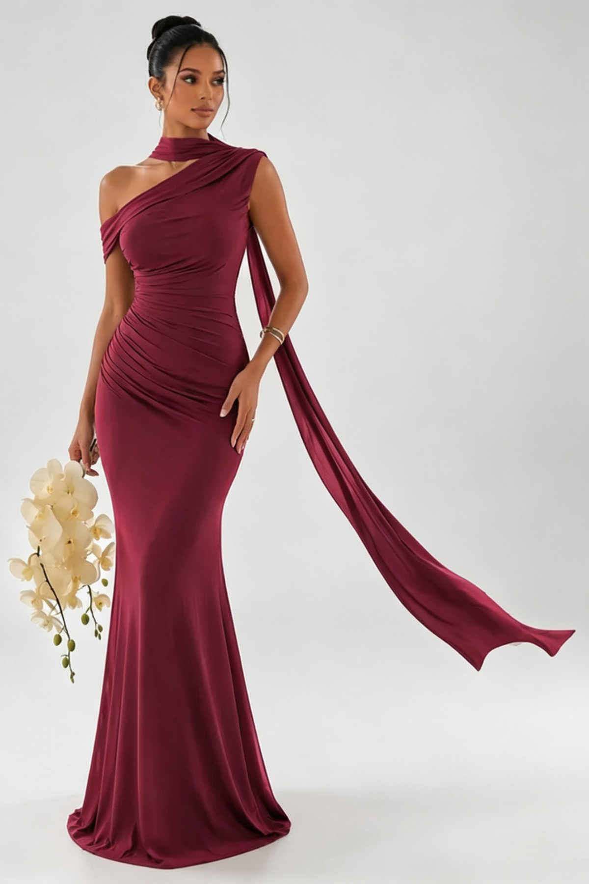 One Shoulder Scarf Detail Maxi Gown