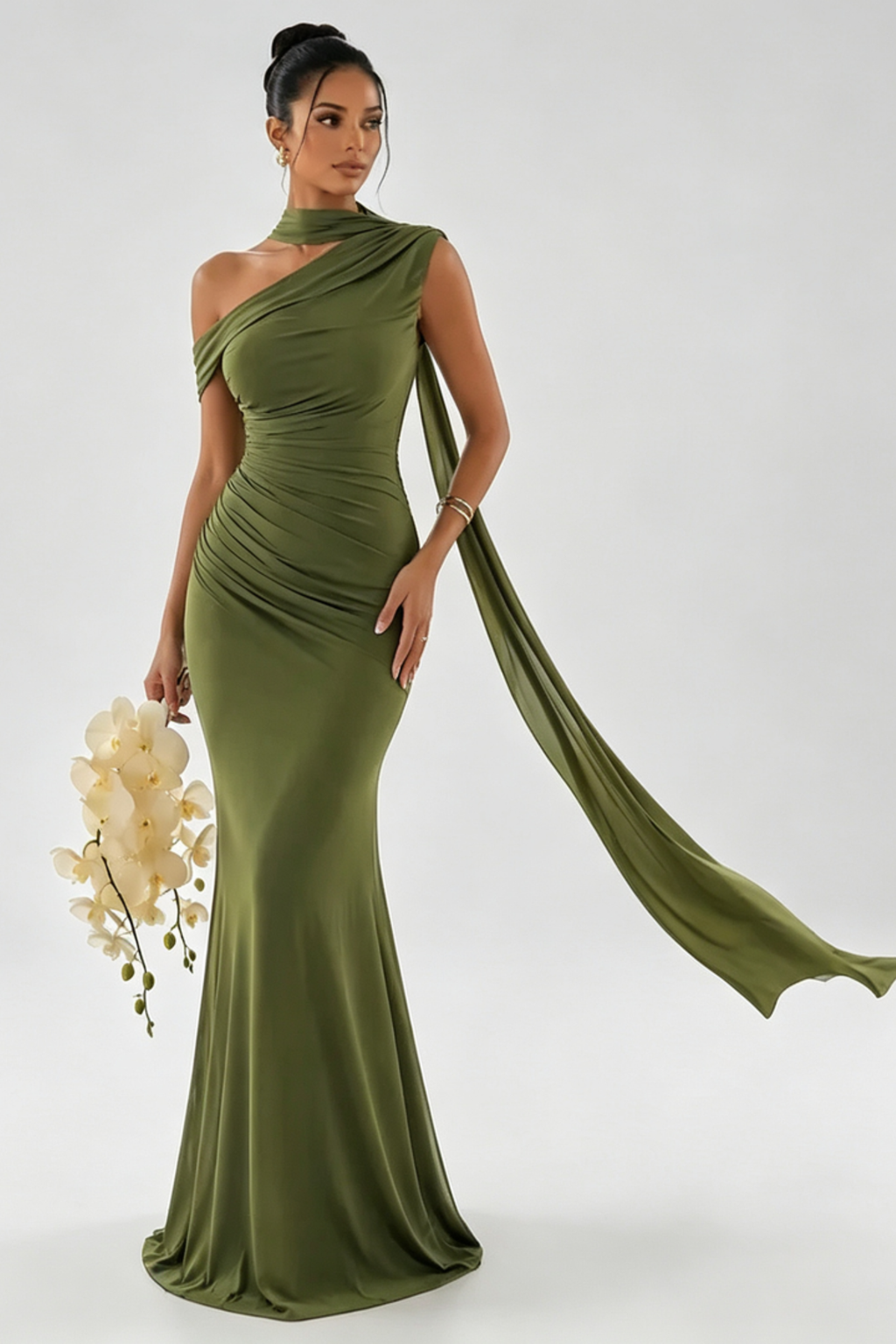 One Shoulder Scarf Detail Maxi Gown