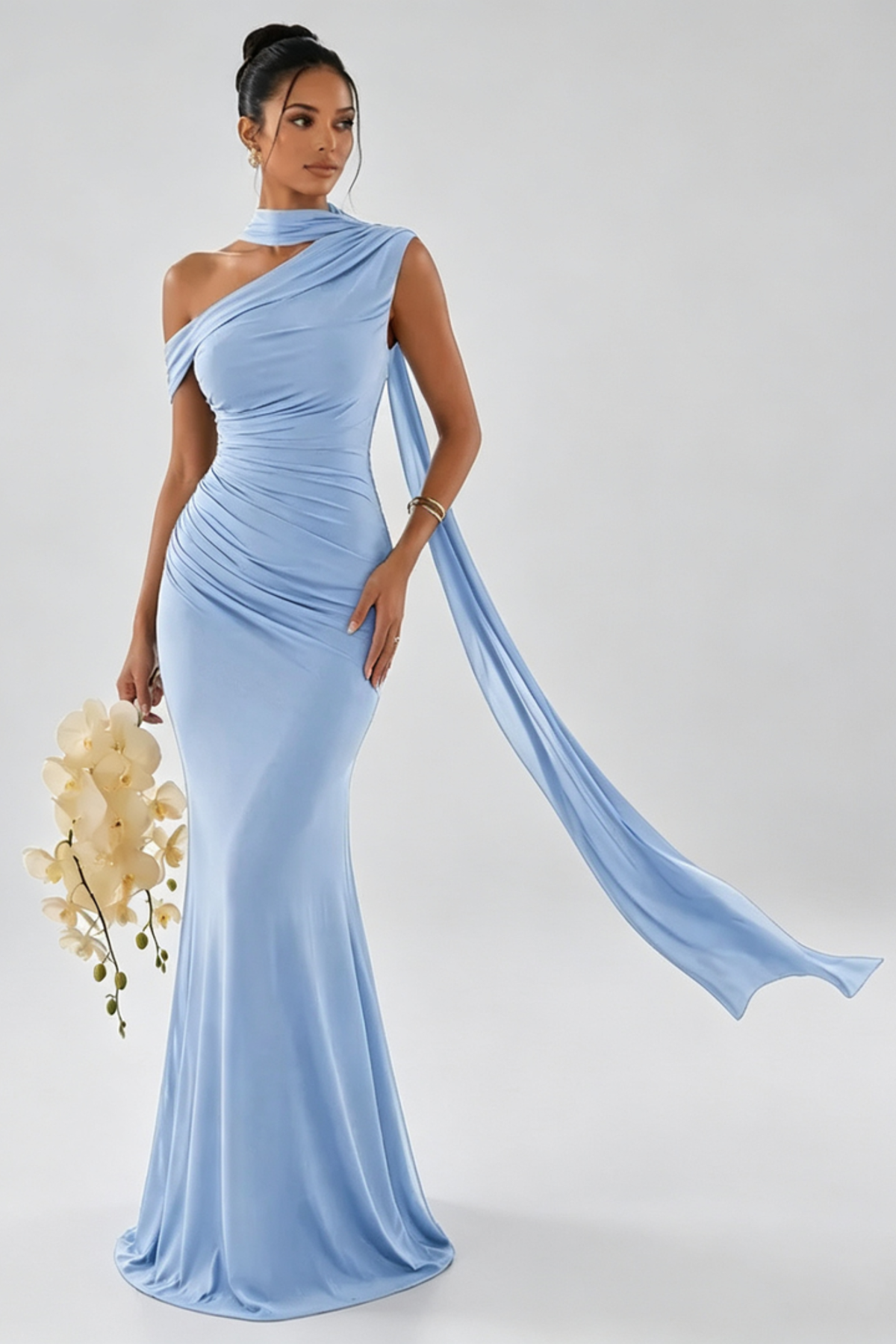 One Shoulder Scarf Detail Maxi Gown