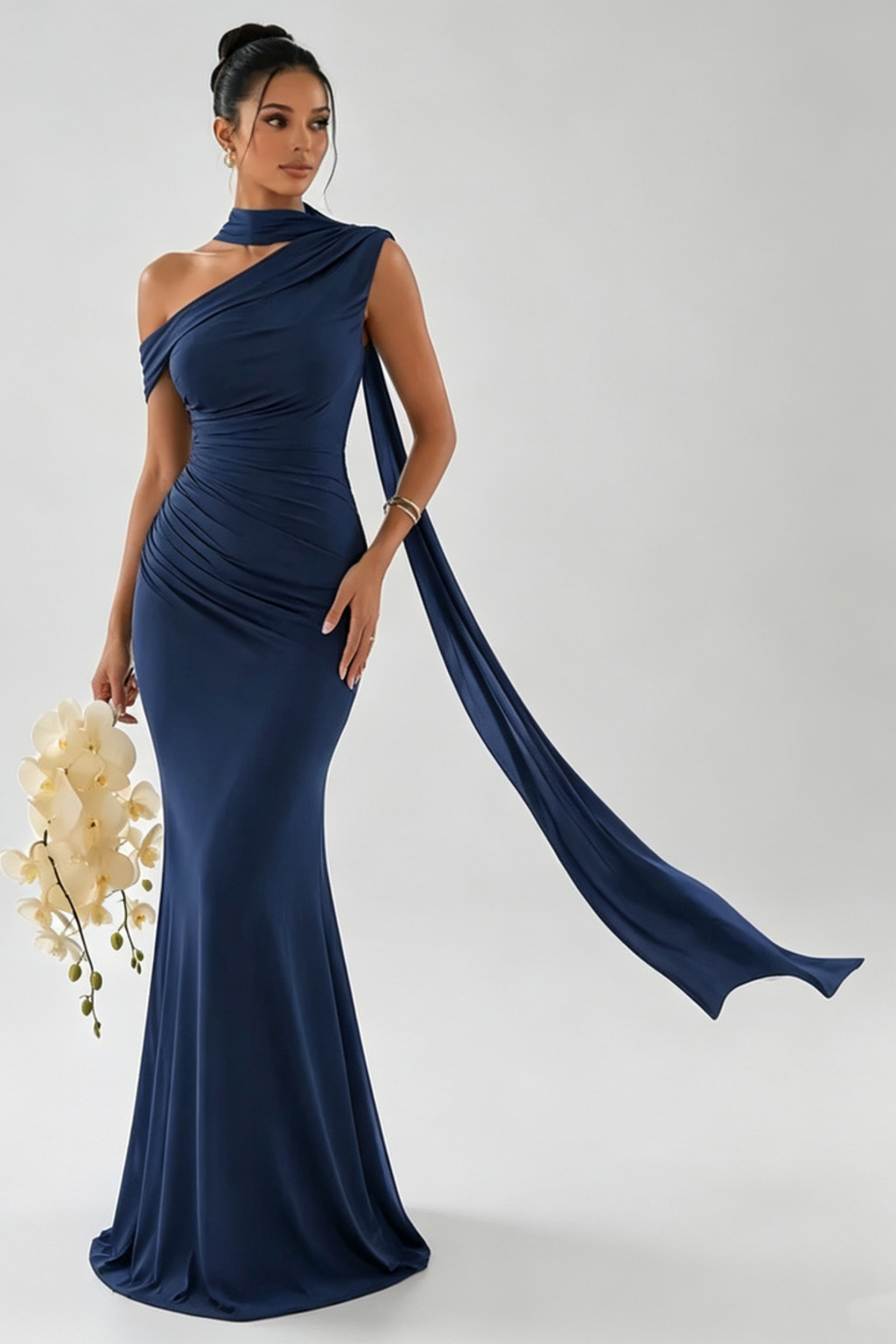 One Shoulder Scarf Detail Maxi Gown