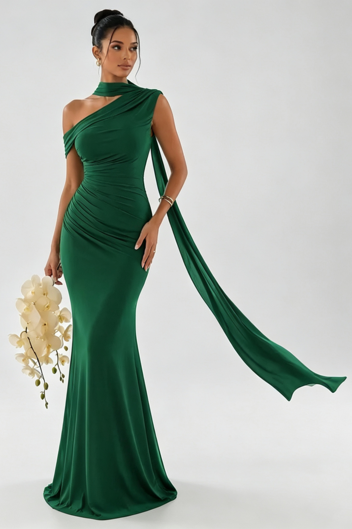 One Shoulder Scarf Detail Maxi Gown