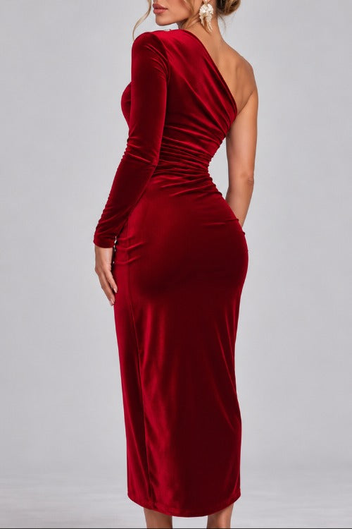 One Shoulder Velvet Slit Gown