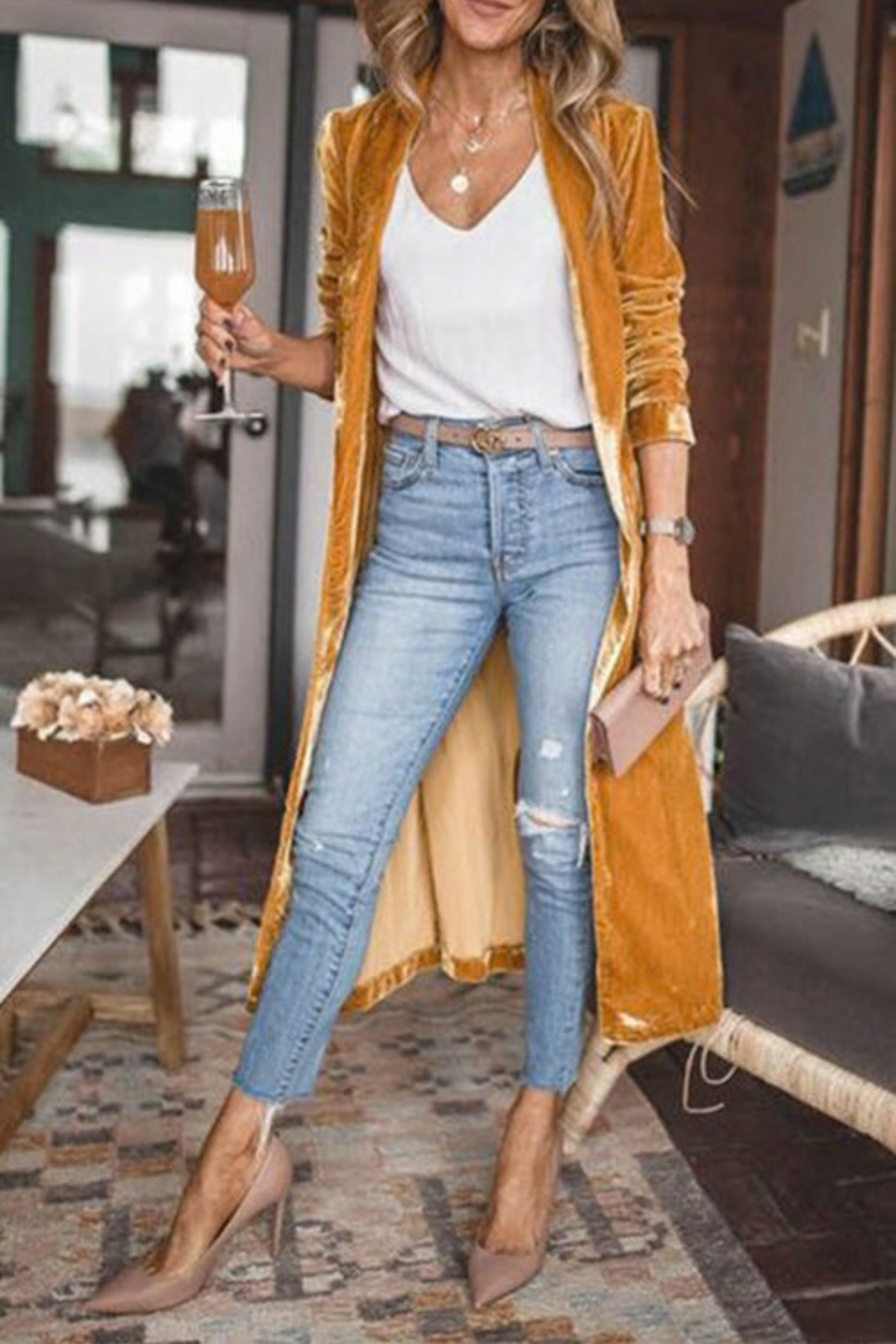 Open Front Long Sleeve Long Coat