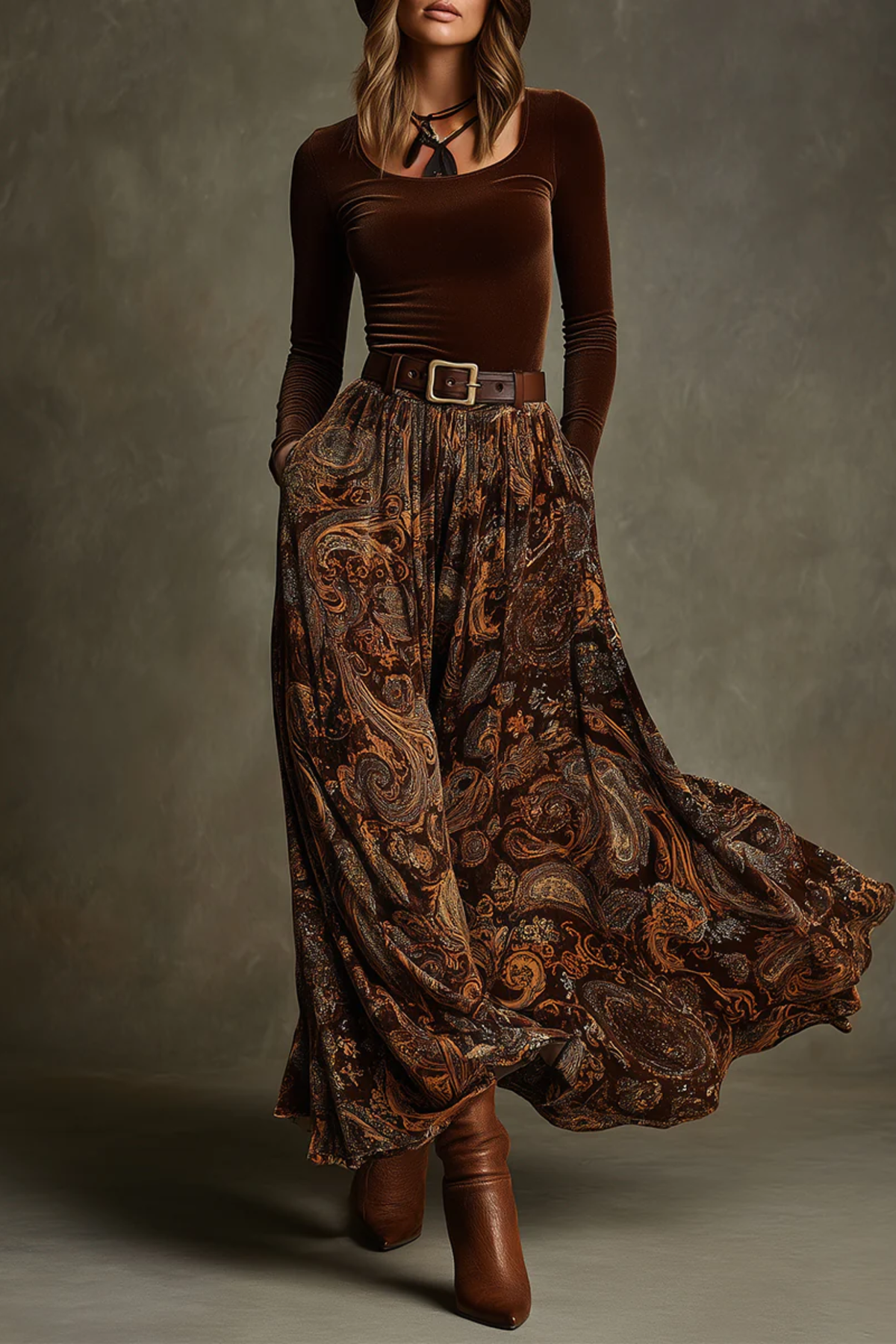 Paisley Belted Maxi Skirt Set