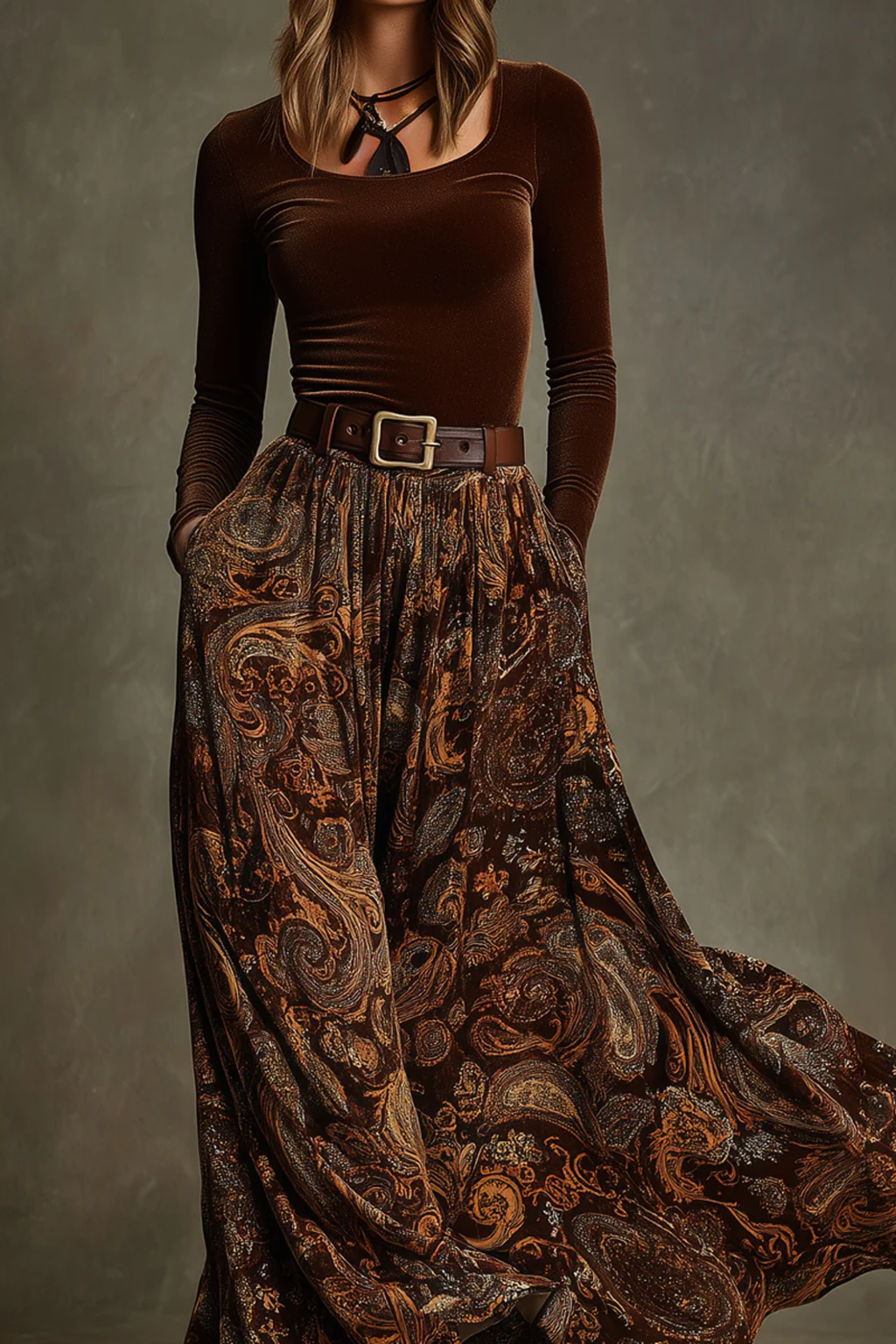 Paisley Belted Maxi Skirt Set