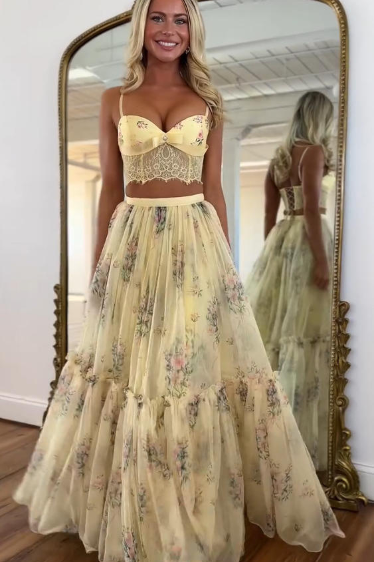 Pale Yellow Floral Skirt Set