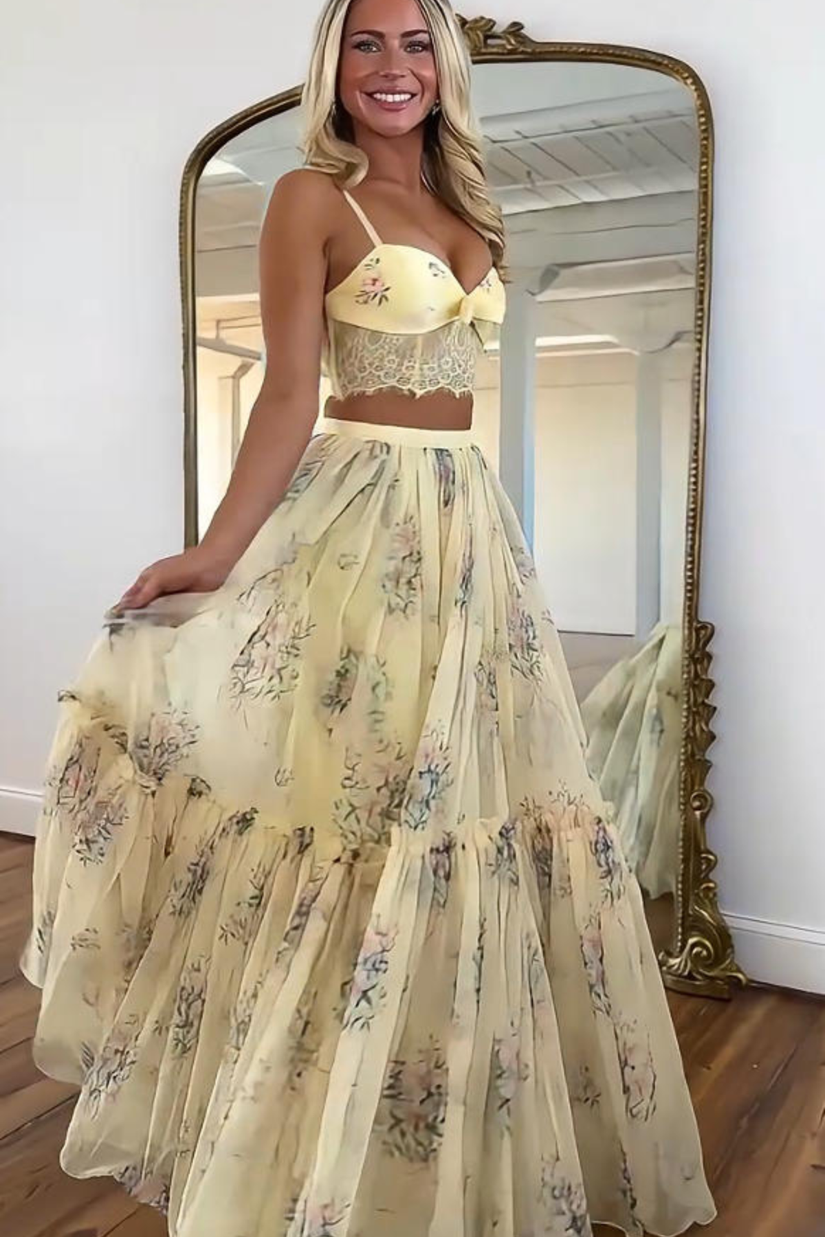 Pale Yellow Floral Skirt Set
