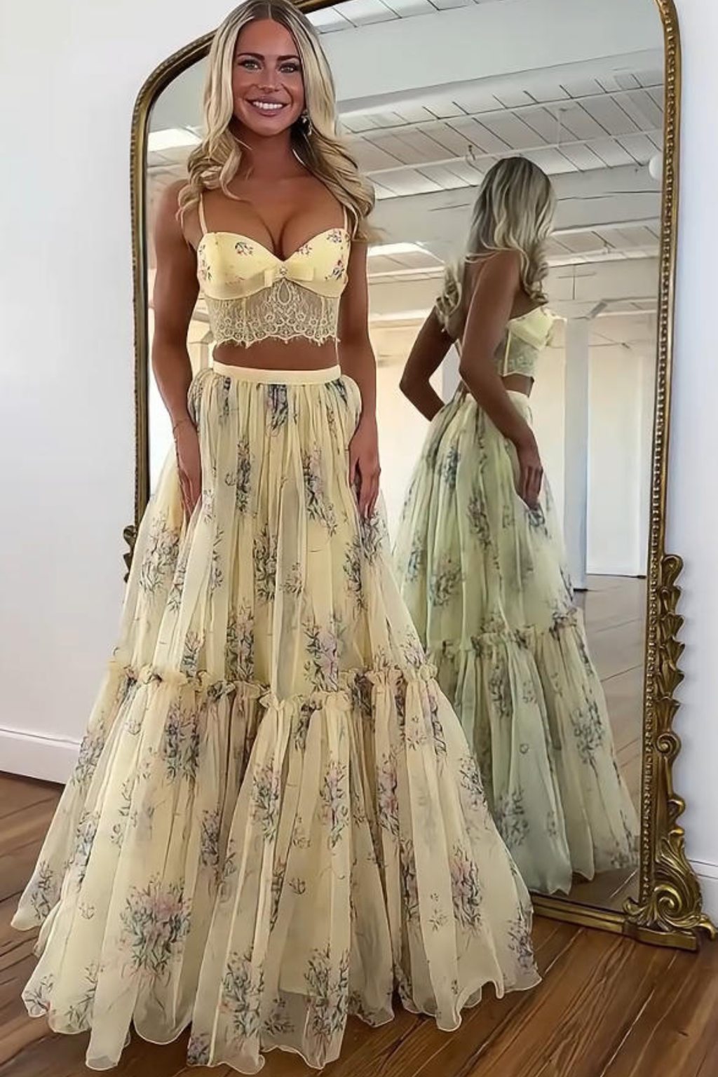 Pale Yellow Floral Skirt Set