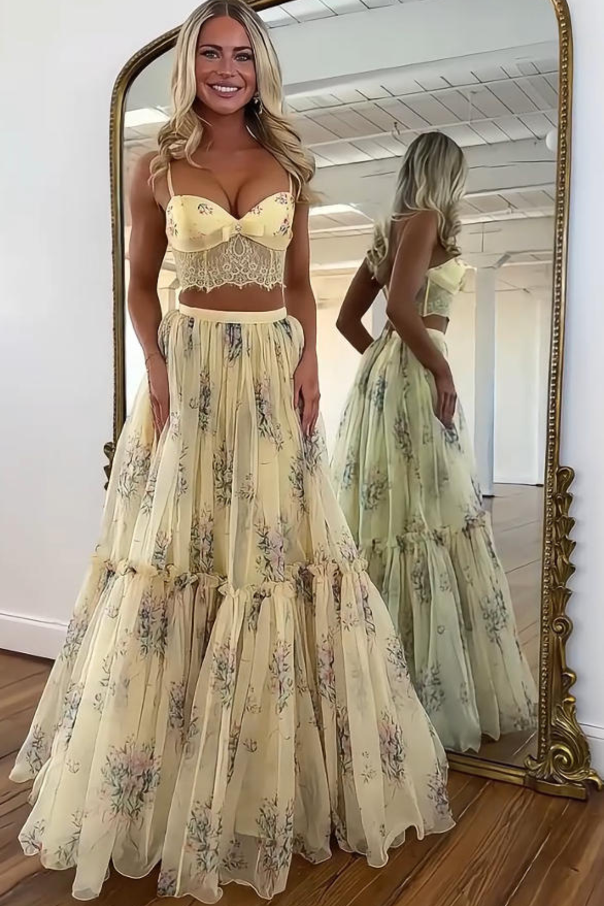 Pale Yellow Floral Skirt Set