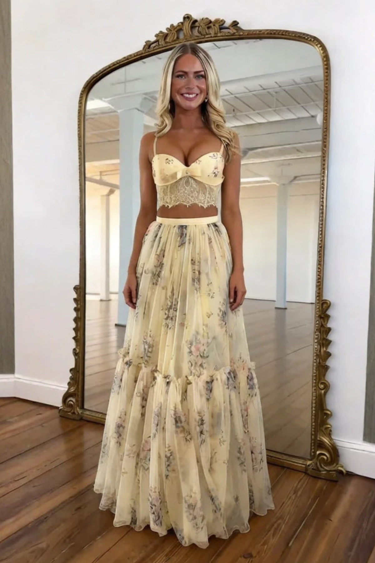 Pale Yellow Floral Skirt Set