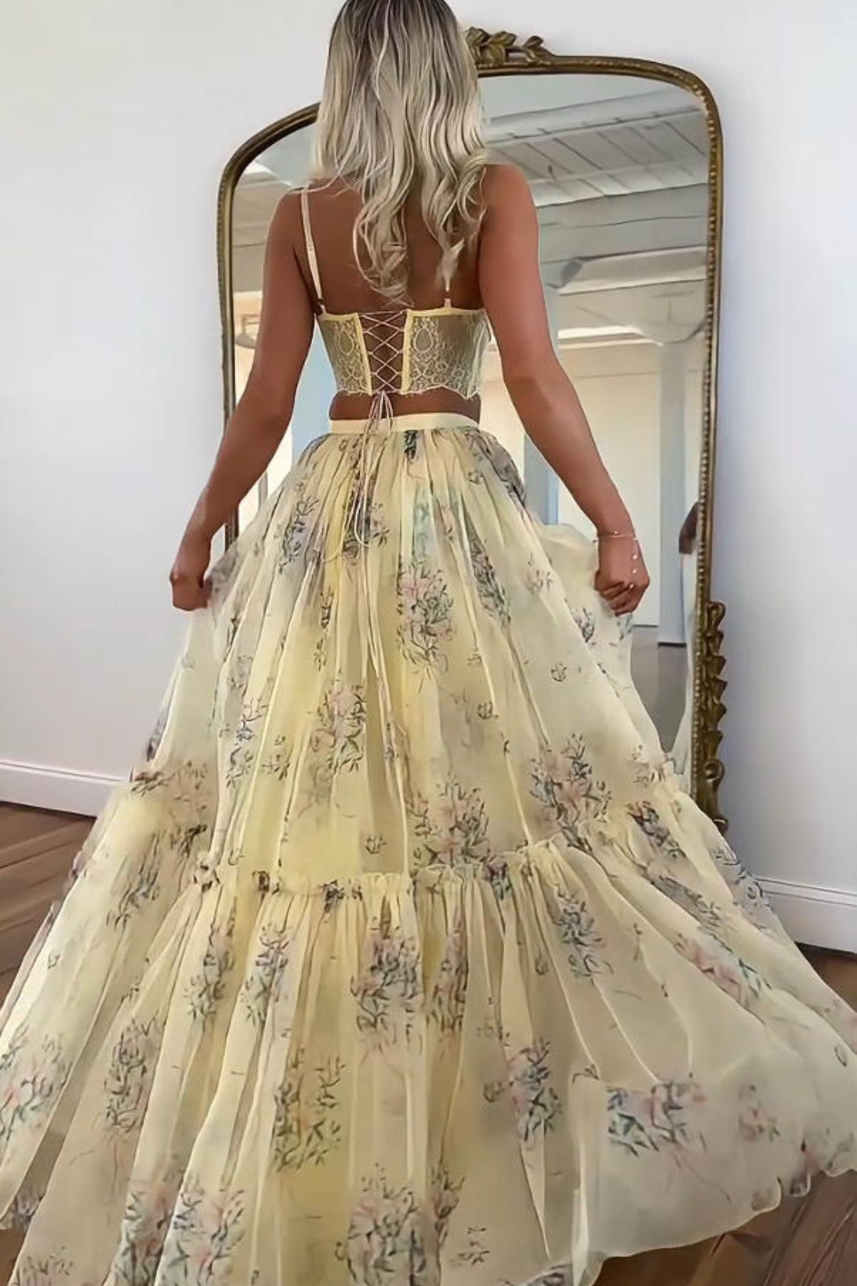 Pale Yellow Floral Skirt Set